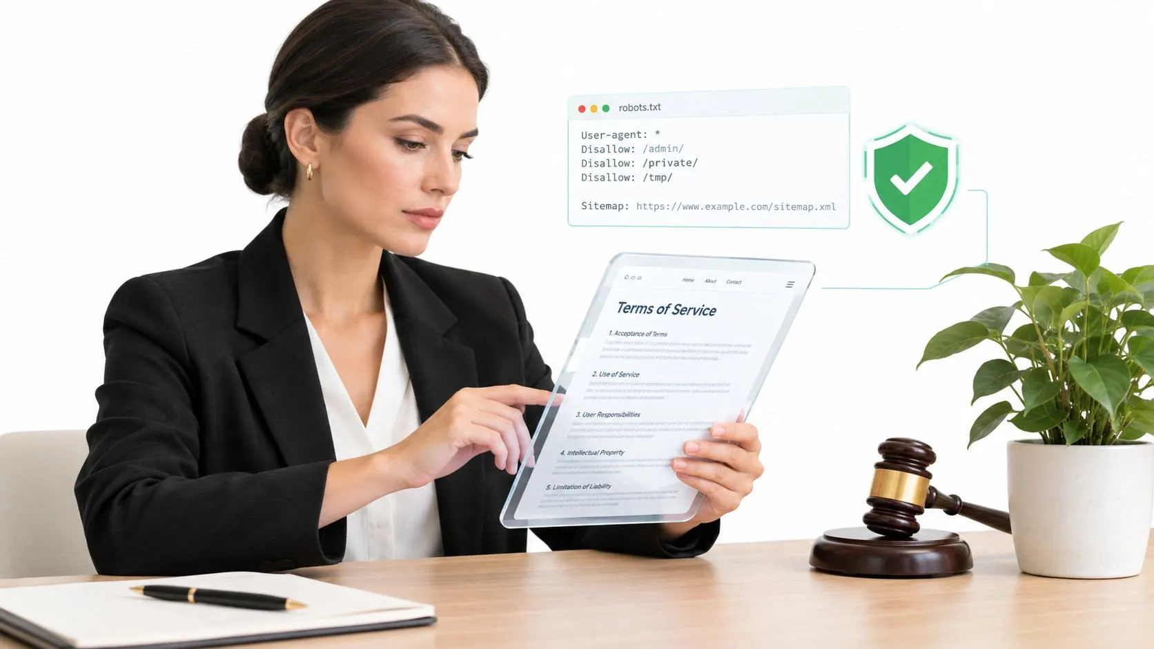 A professional woman reviews digital legal terms on a tablet beside a gavel and robot text file.