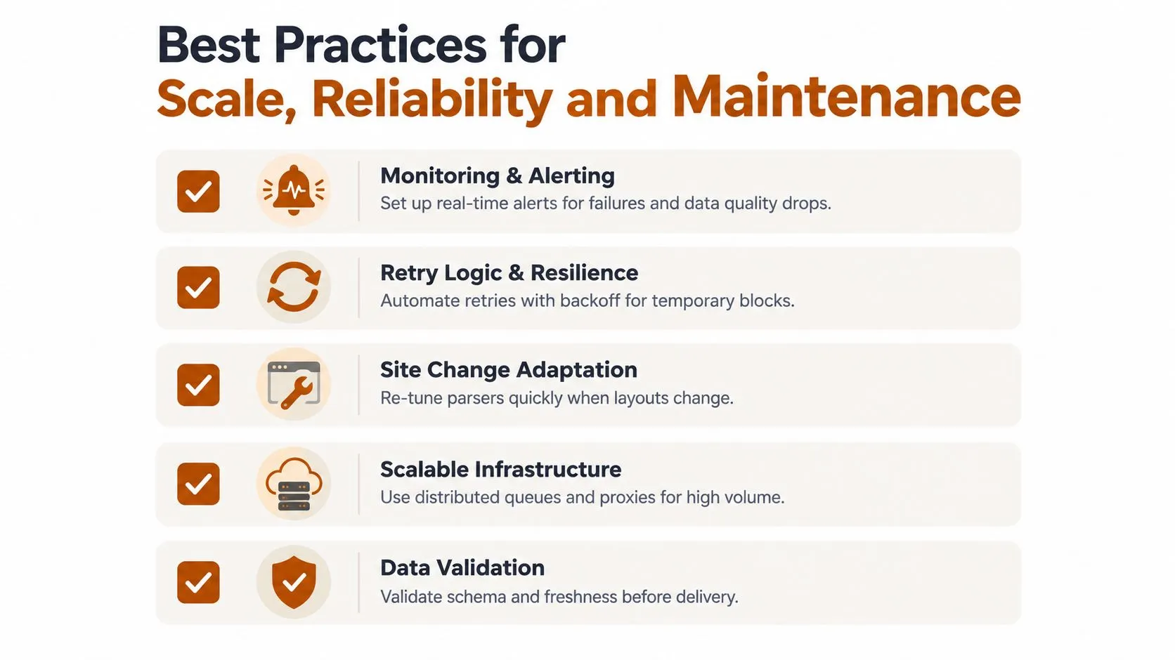 A list of five essential best practices for maintaining scalable and reliable data extraction systems and infrastructure.