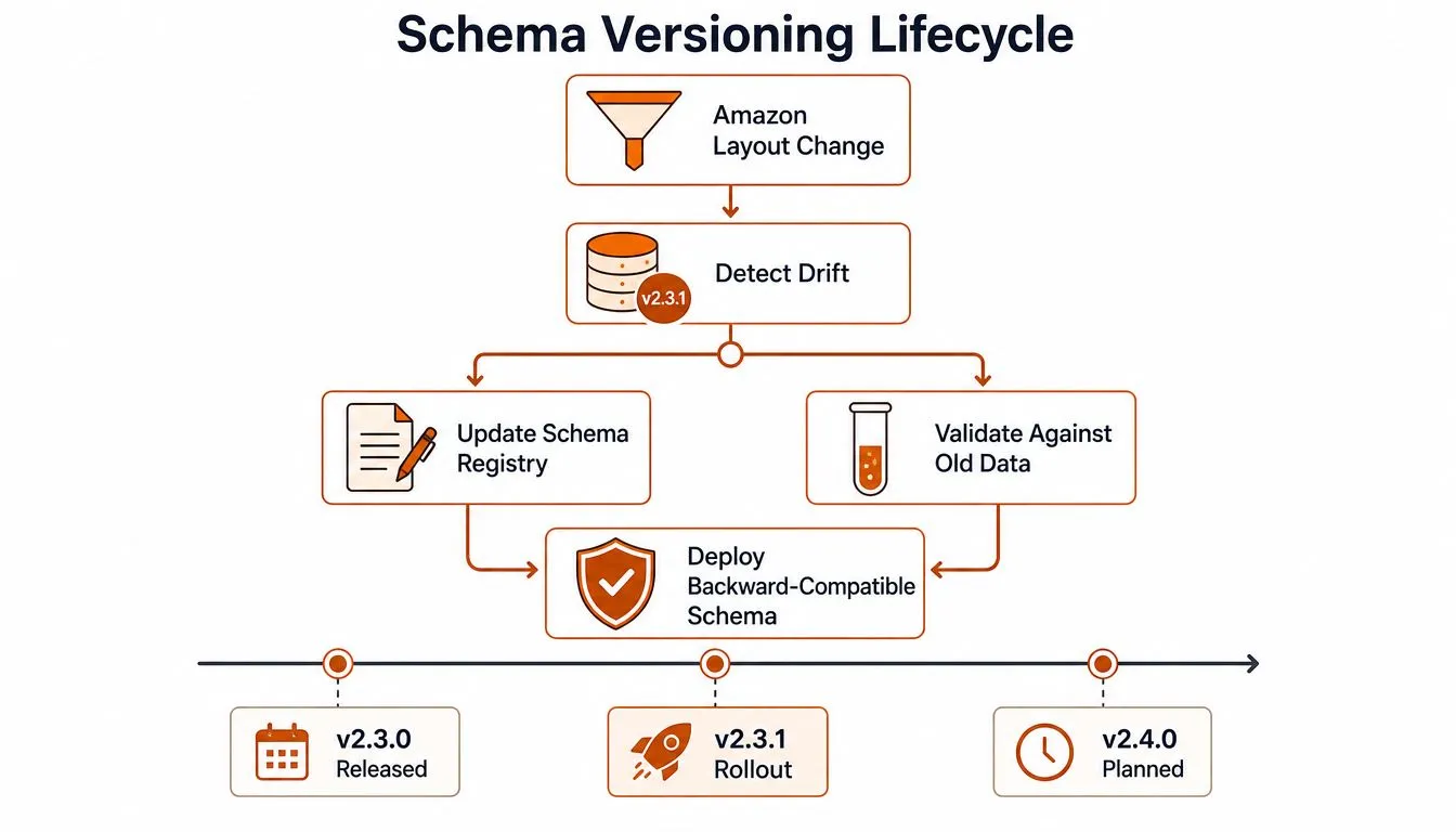 A flowchart diagram illustrating the Amazon schema versioning lifecycle, from layout changes to data validation and deployment.