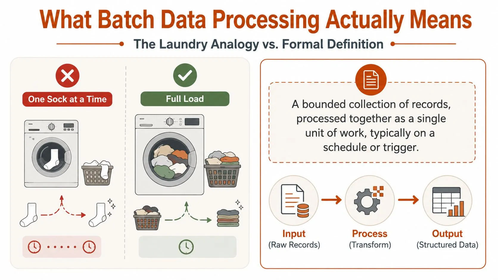An infographic explaining batch data processing using a laundry analogy alongside a formal technical definition diagram.