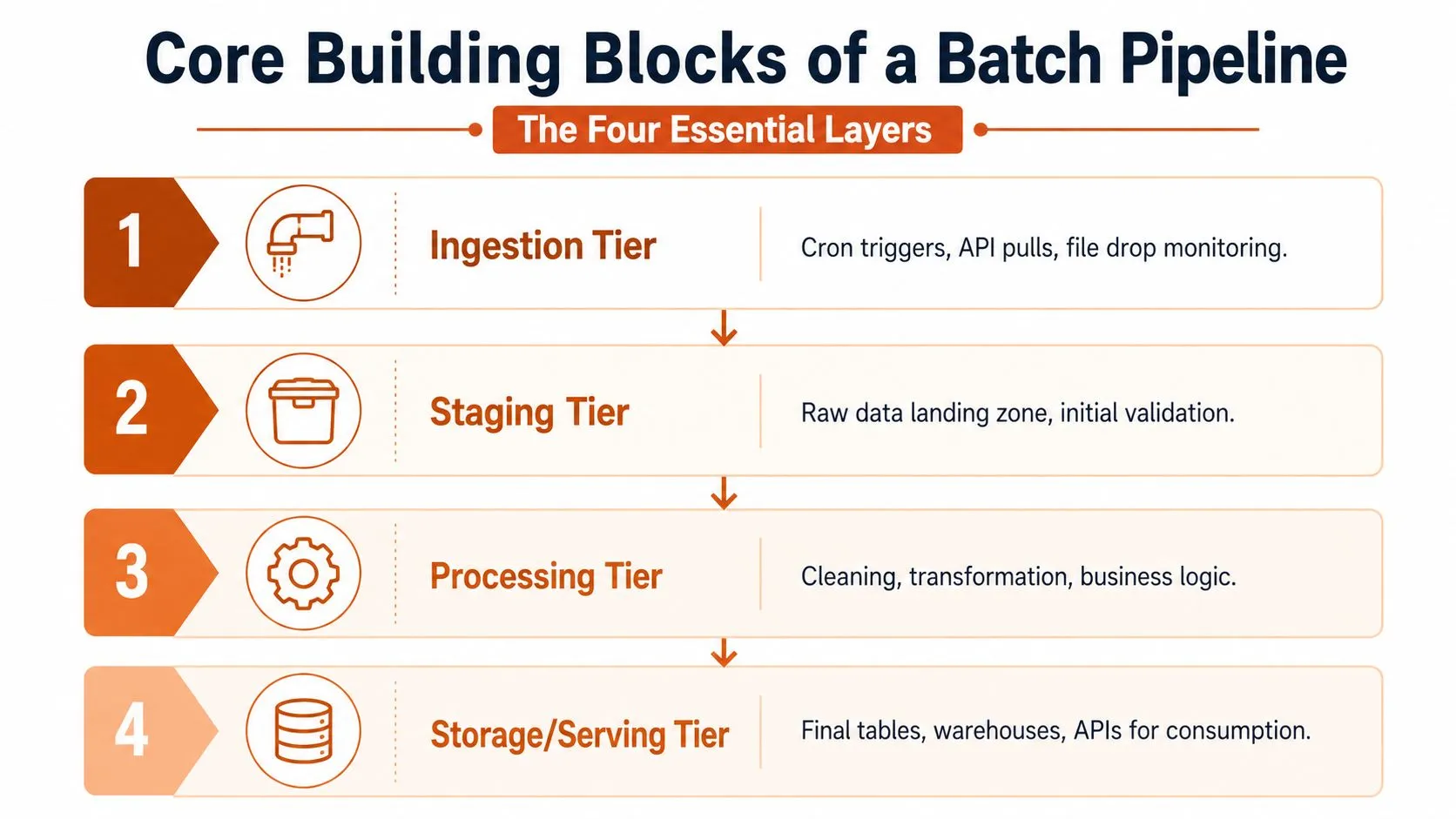 A diagram illustrating the four essential tiers of a batch data processing pipeline from ingestion to serving.