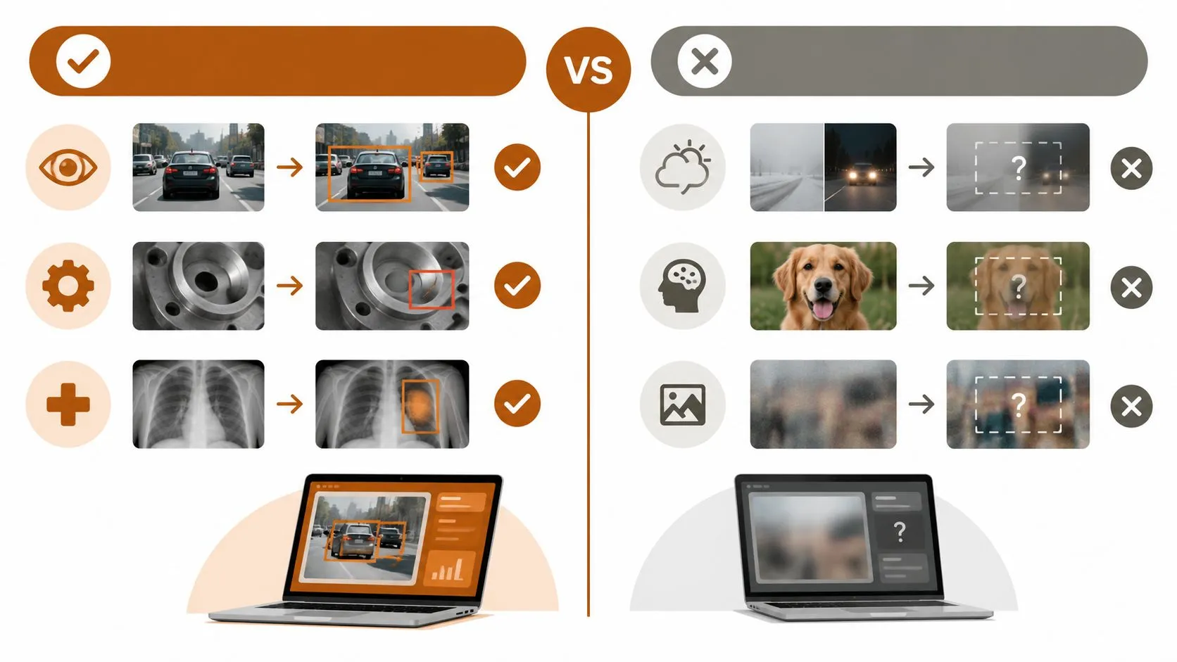 An infographic comparing effective computer vision object detection against unsuccessful image analysis in various industry scenarios.