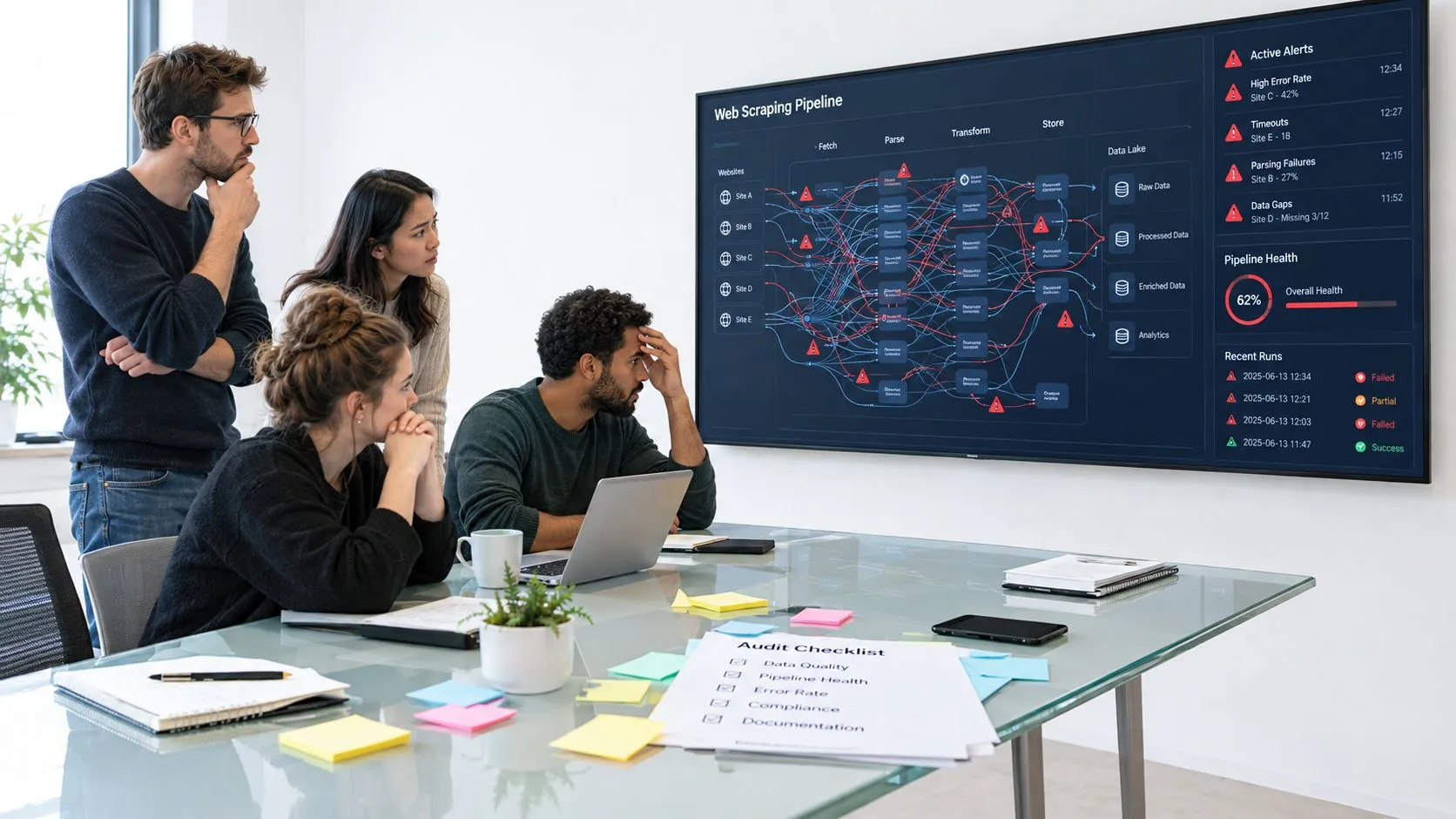 A diverse team of professionals analyzing complex data pipeline visualizations displayed on a large office monitor.