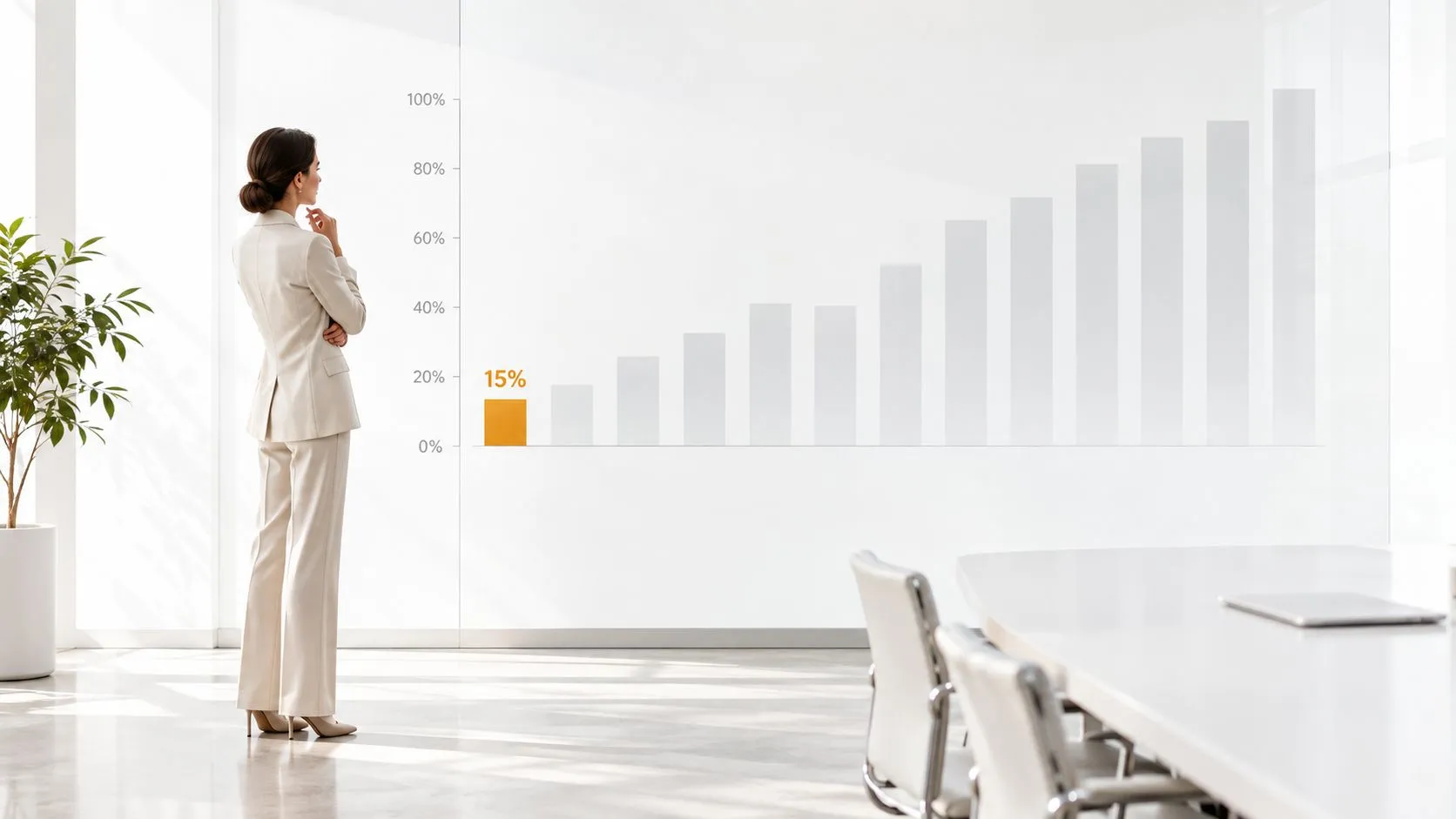 A businesswoman in a suit looks at a rising bar chart projected on a white office wall.