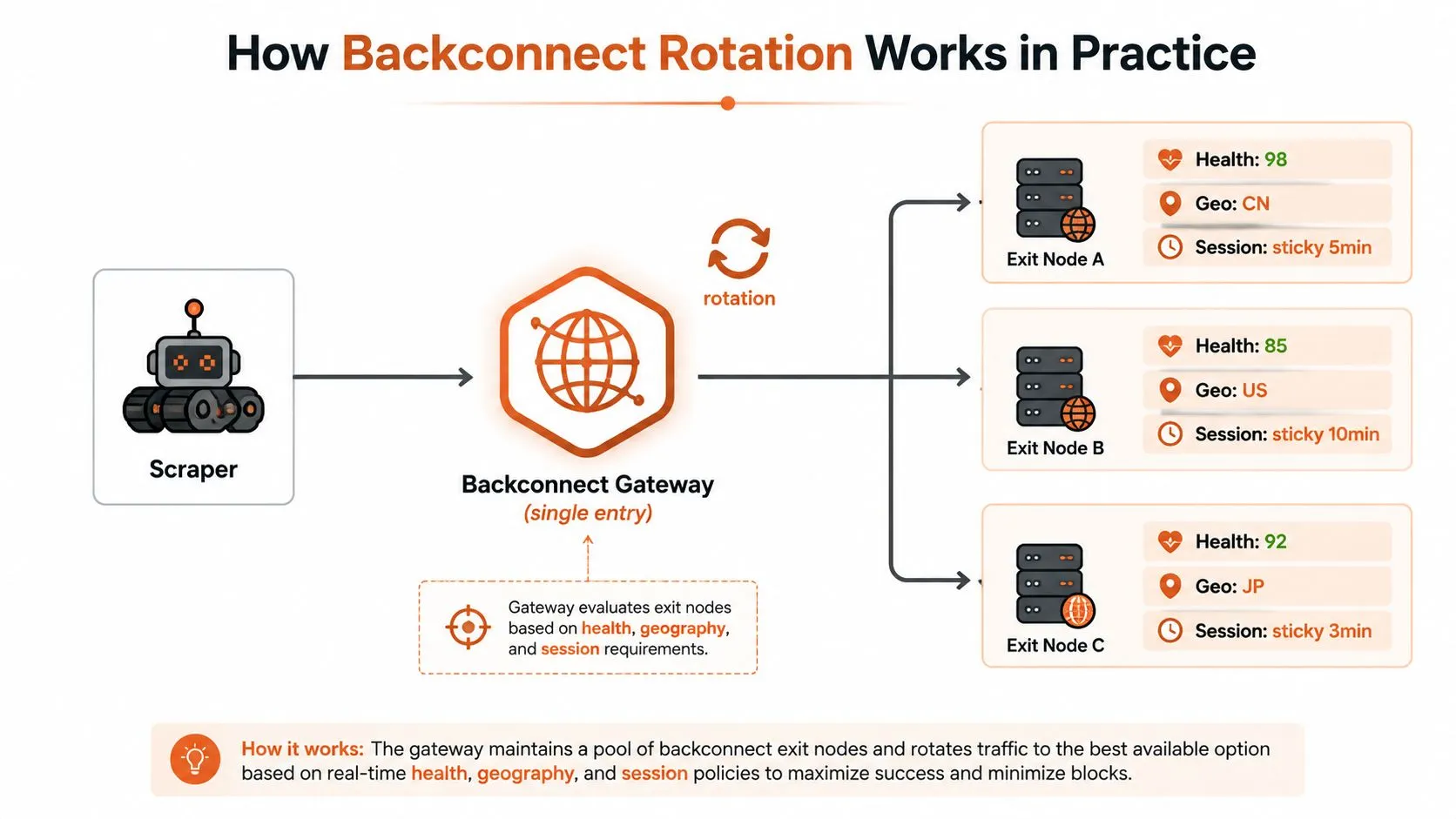 A diagram illustrating how a backconnect gateway rotates scraper traffic across multiple proxy exit nodes.