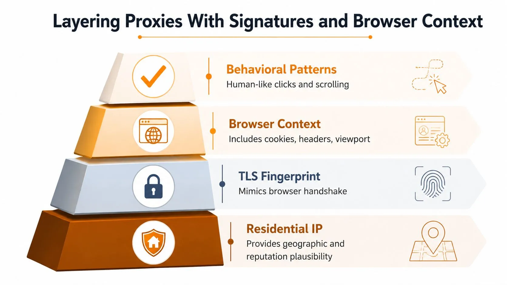 A pyramid chart illustrating four layers of browser and proxy configurations used for web scraping automation.