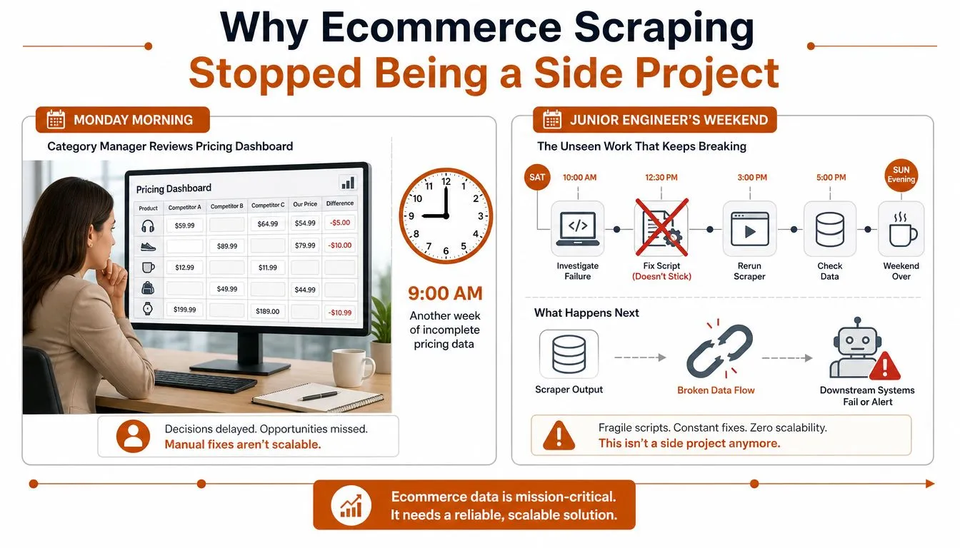 An infographic illustrating why automated ecommerce scraping solutions are essential compared to manual, unreliable, and broken script maintenance.