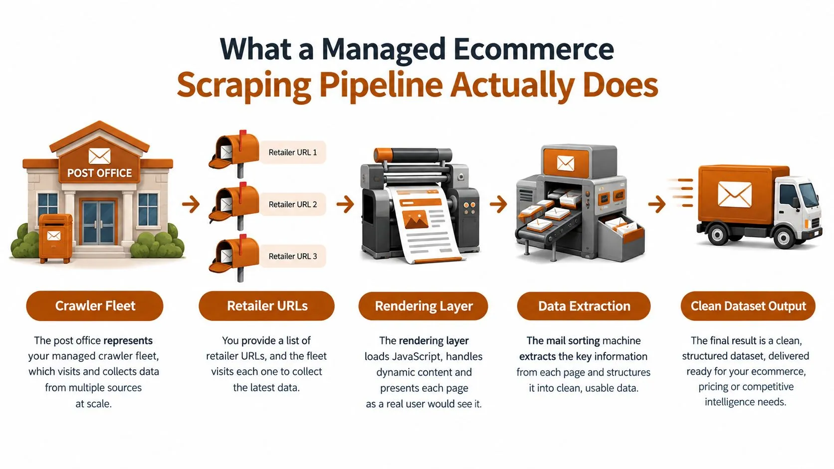 A diagram illustrating a managed ecommerce scraping pipeline from data collection to a clean structured dataset output.