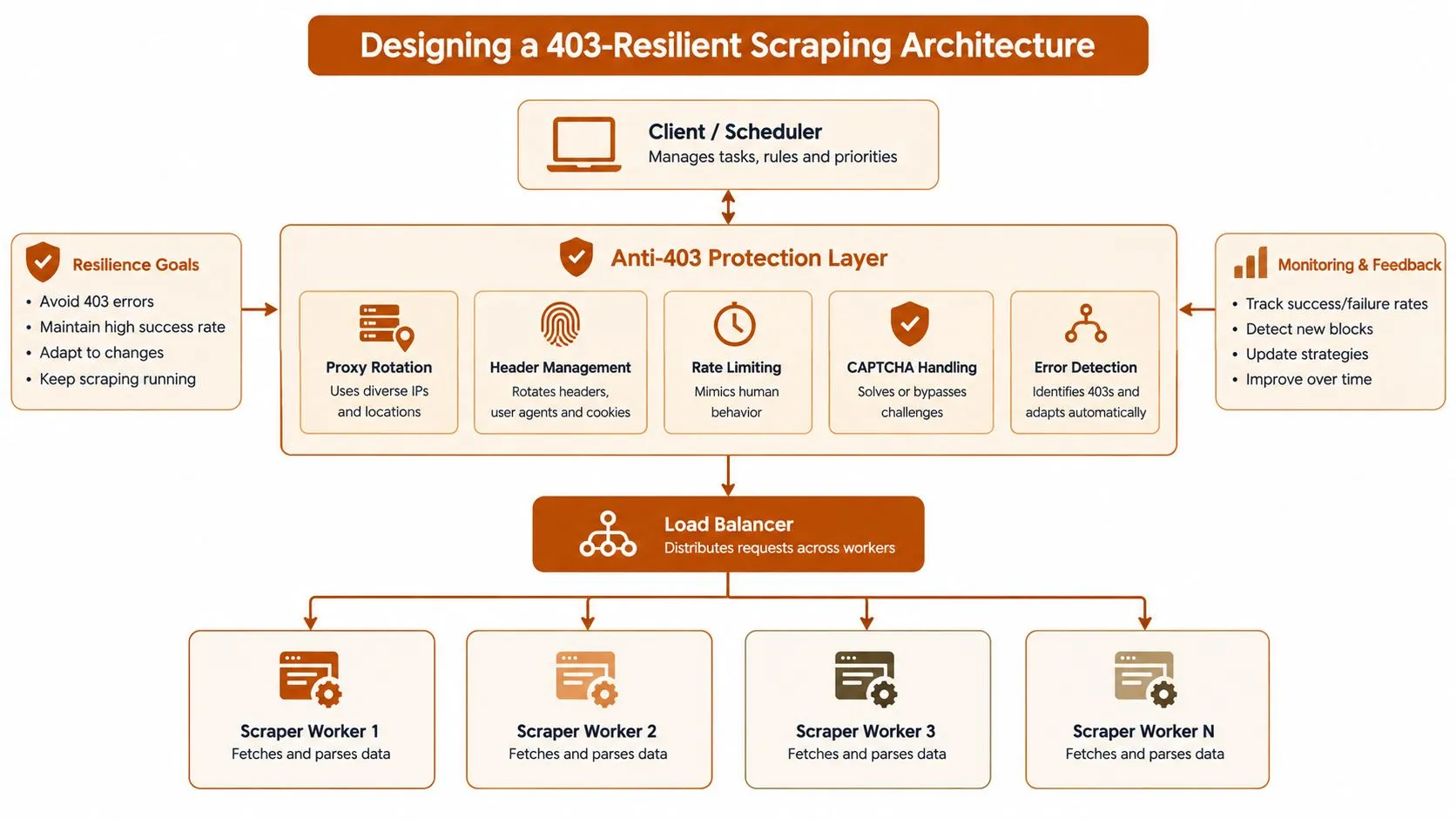 A diagram illustrating a 403-resilient web scraping architecture with components like proxy rotation, anti-blocking, and load balancing.