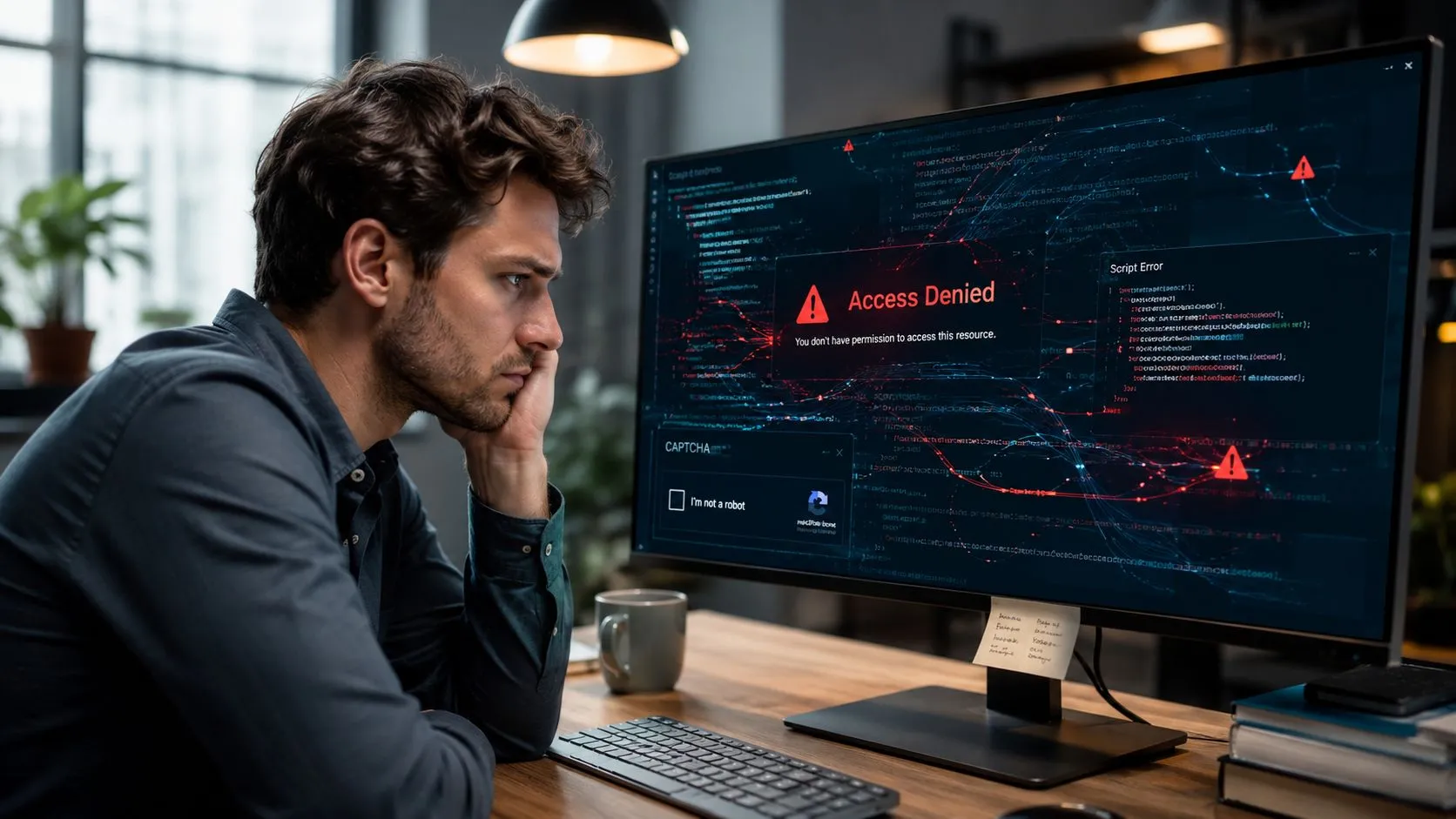 A concerned young man looking at a computer screen showing an access denied security error message.