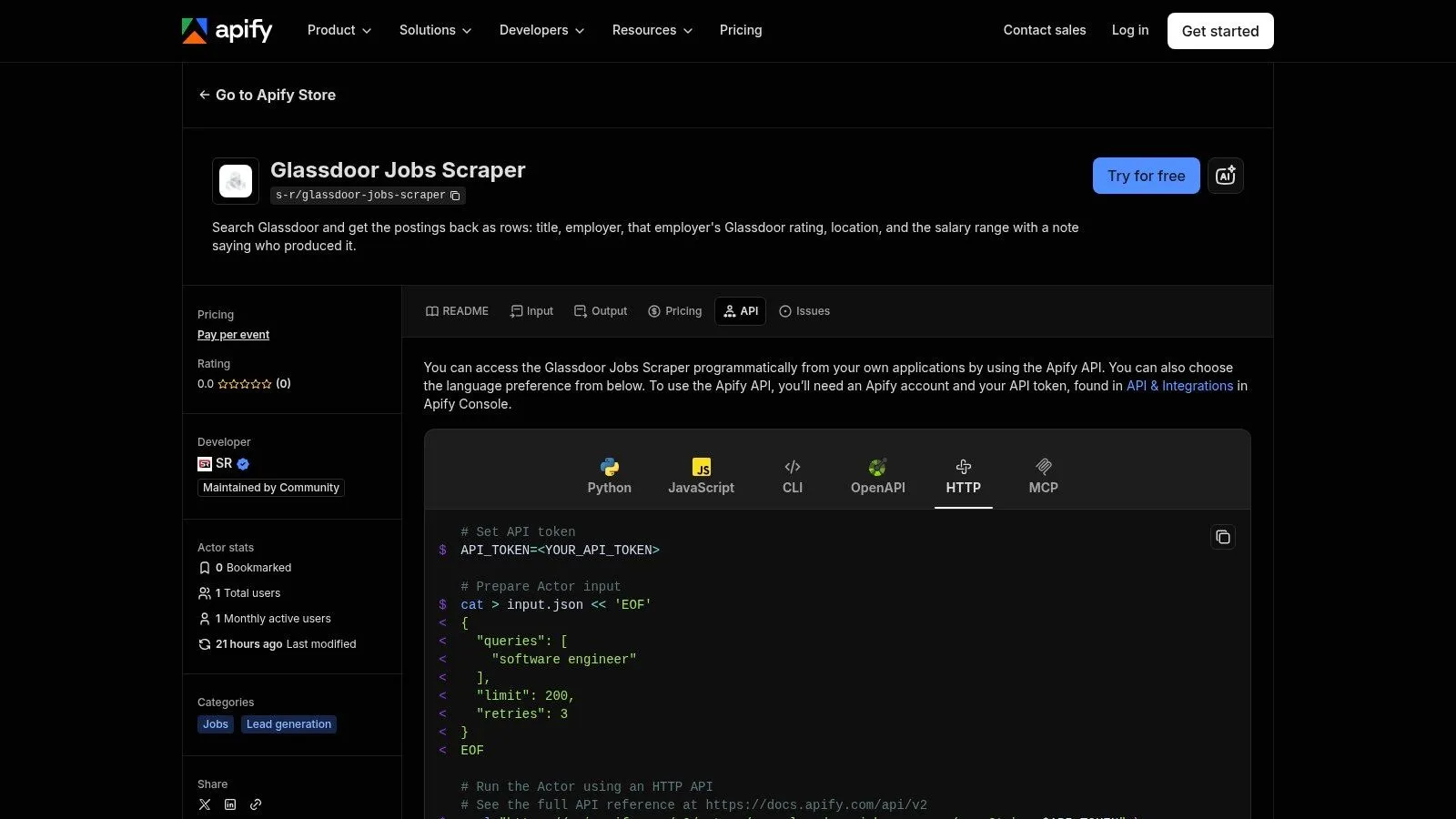 Apify, Glassdoor Jobs Scraper (Actor/API)