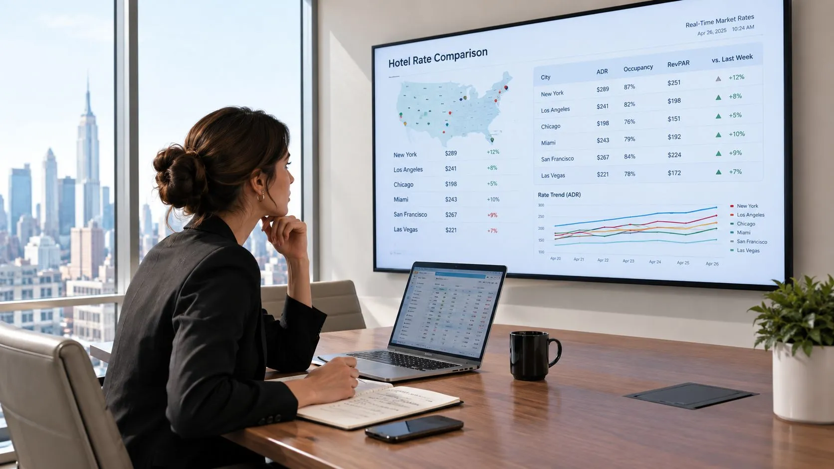 A professional woman analyzes hotel market data on a large wall display in a modern office.