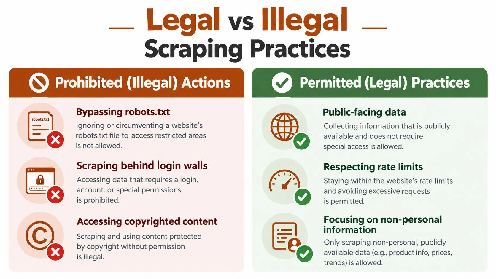 An infographic titled Legal vs Illegal Scraping Practices outlining prohibited actions like bypassing robots.txt and permitted data scraping practices.