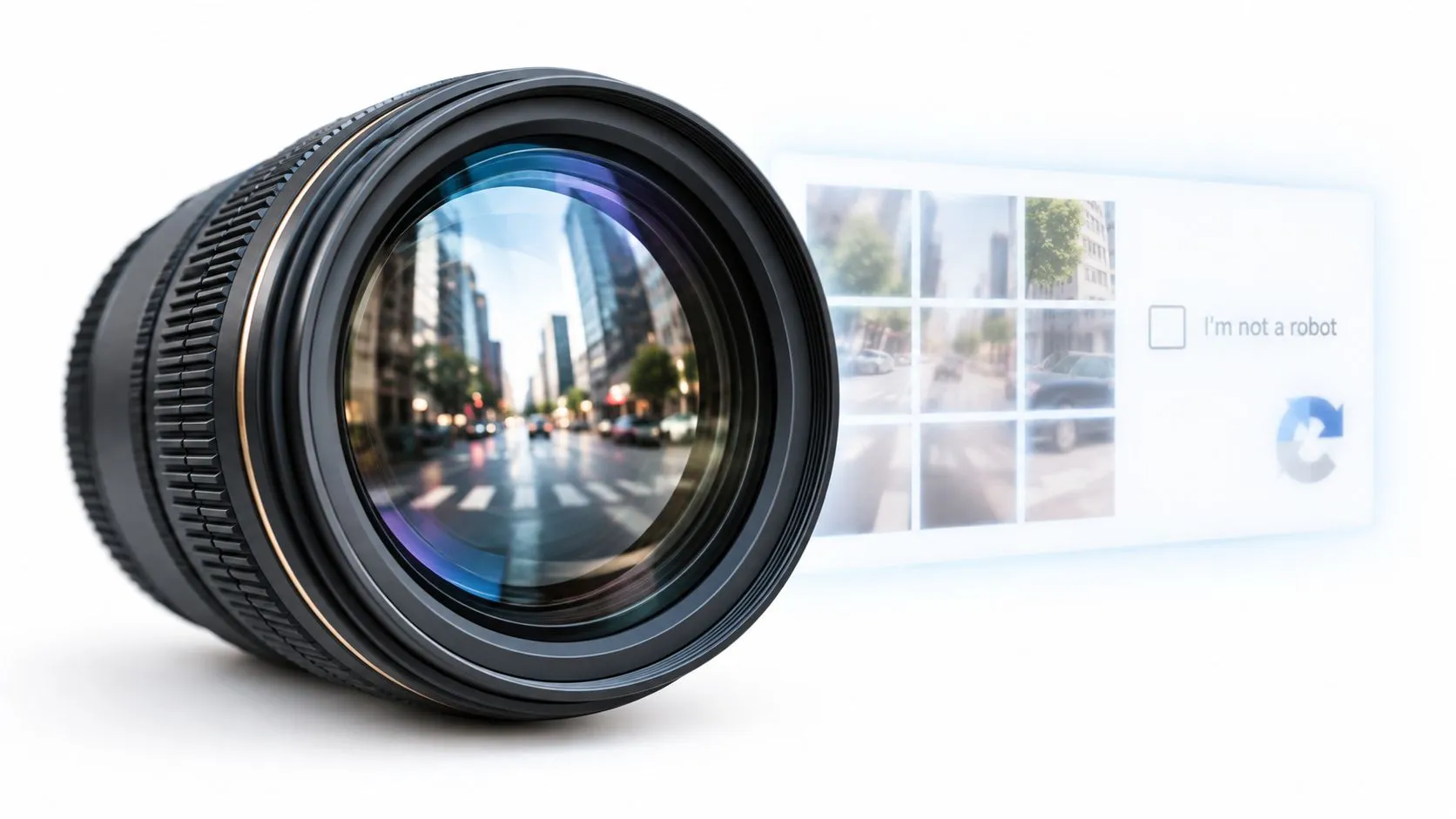 A professional camera lens reflecting a city street with a captcha verification challenge box nearby.