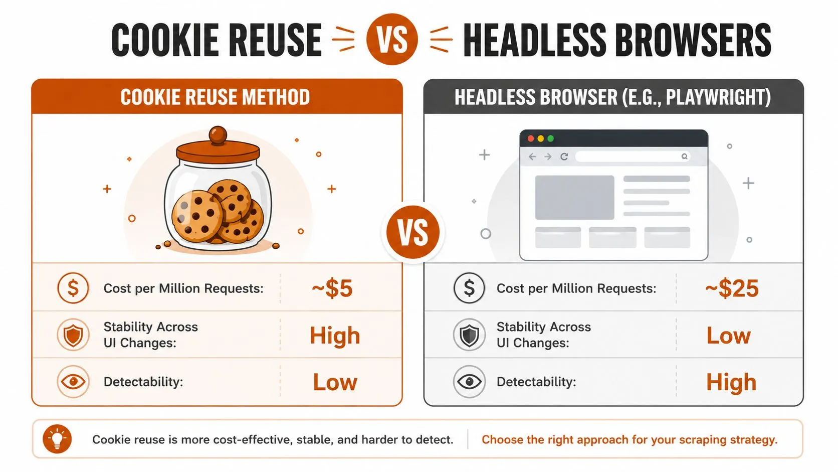 A comparison chart showing cookie reuse is more cost-effective and harder to detect than headless browser web scraping.