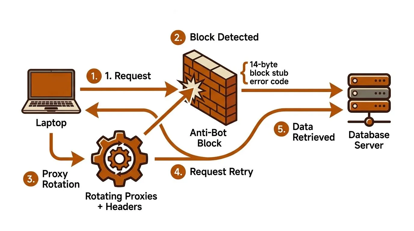 A diagram illustrating how rotating proxies and headers bypass anti-bot blocks to scrape data from web servers.