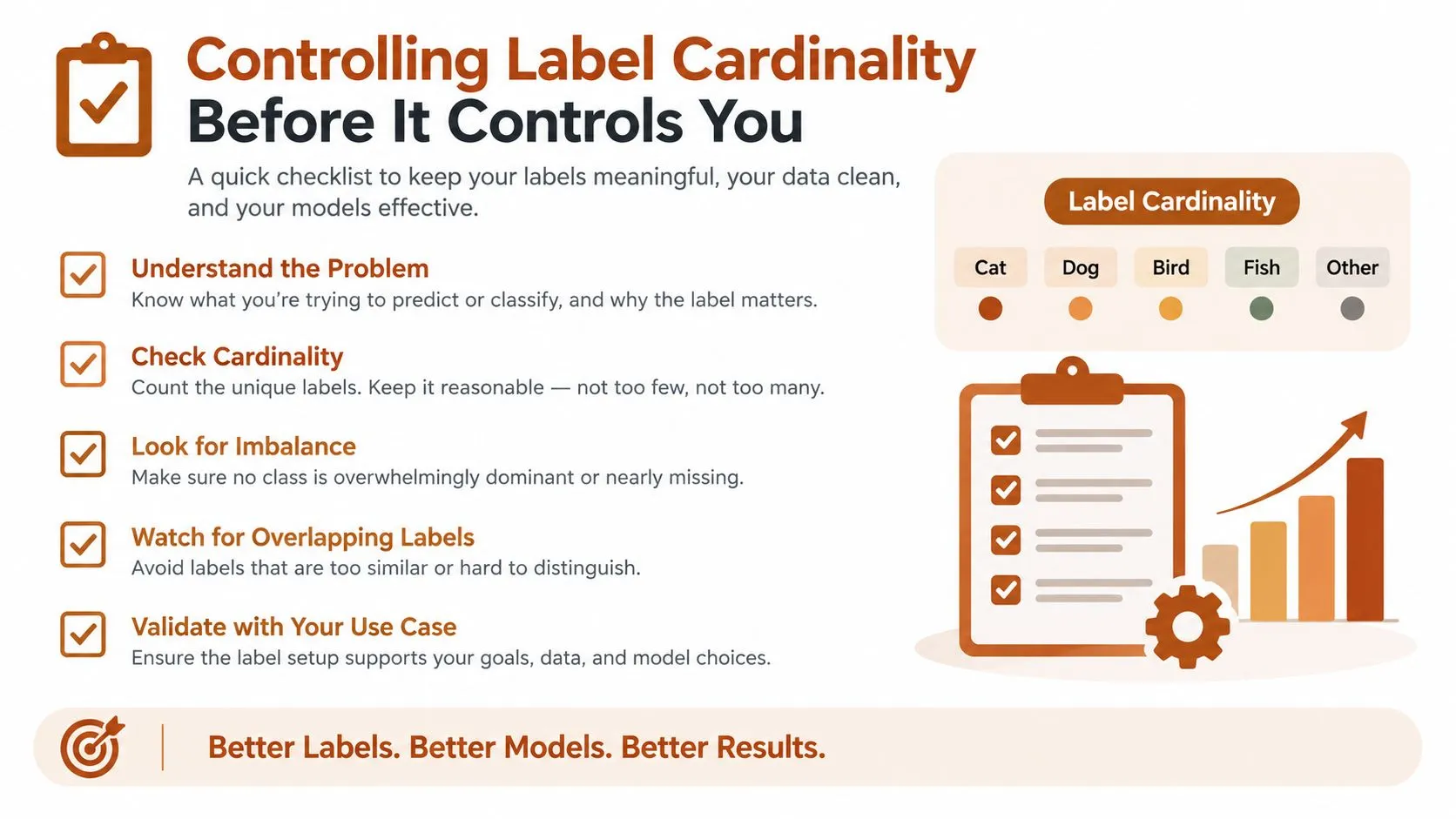 An infographic titled Controlling Label Cardinality providing a checklist for managing data classification labels and machine learning.