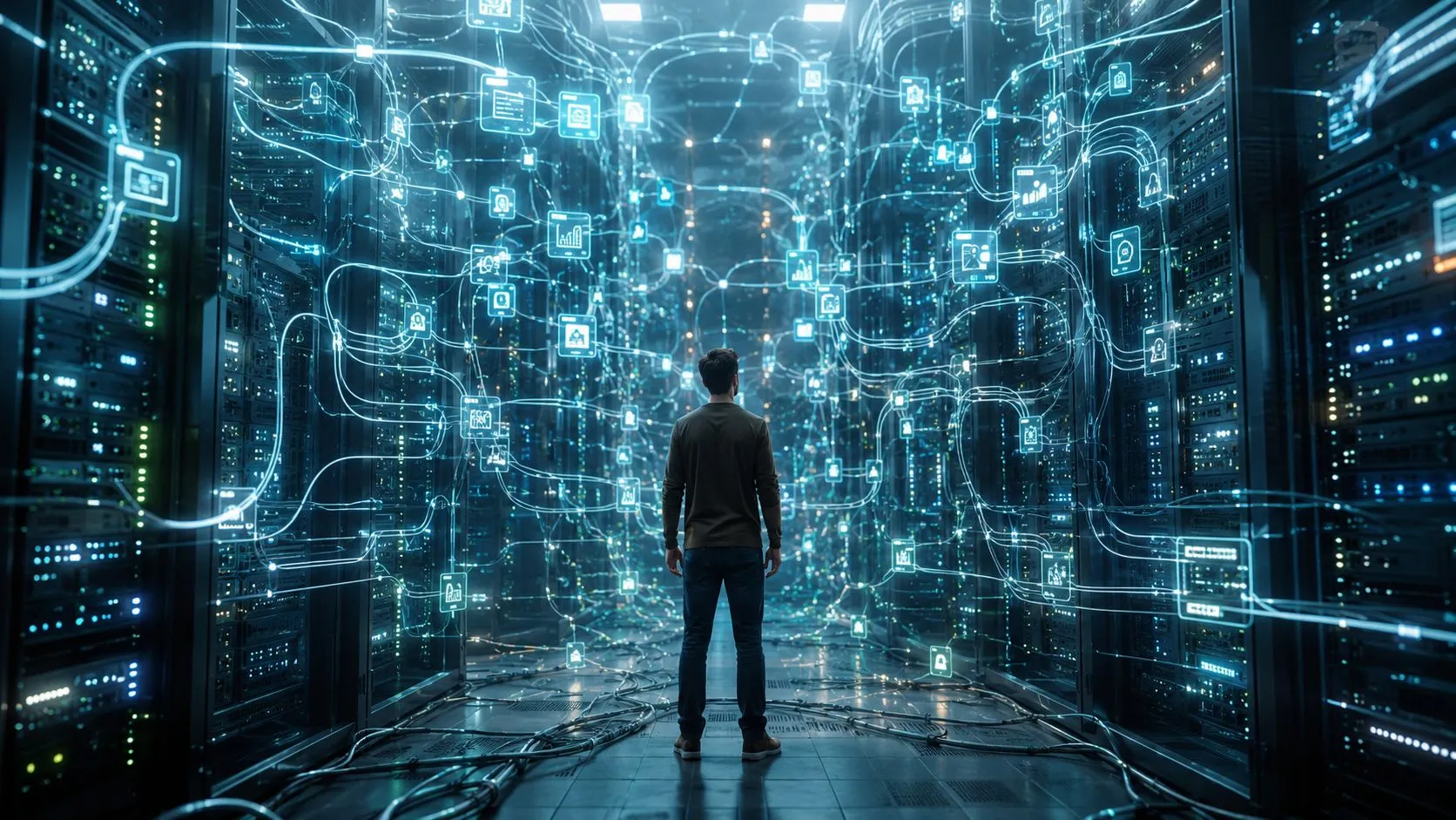 A man standing in a futuristic server room filled with glowing data streams and digital icons