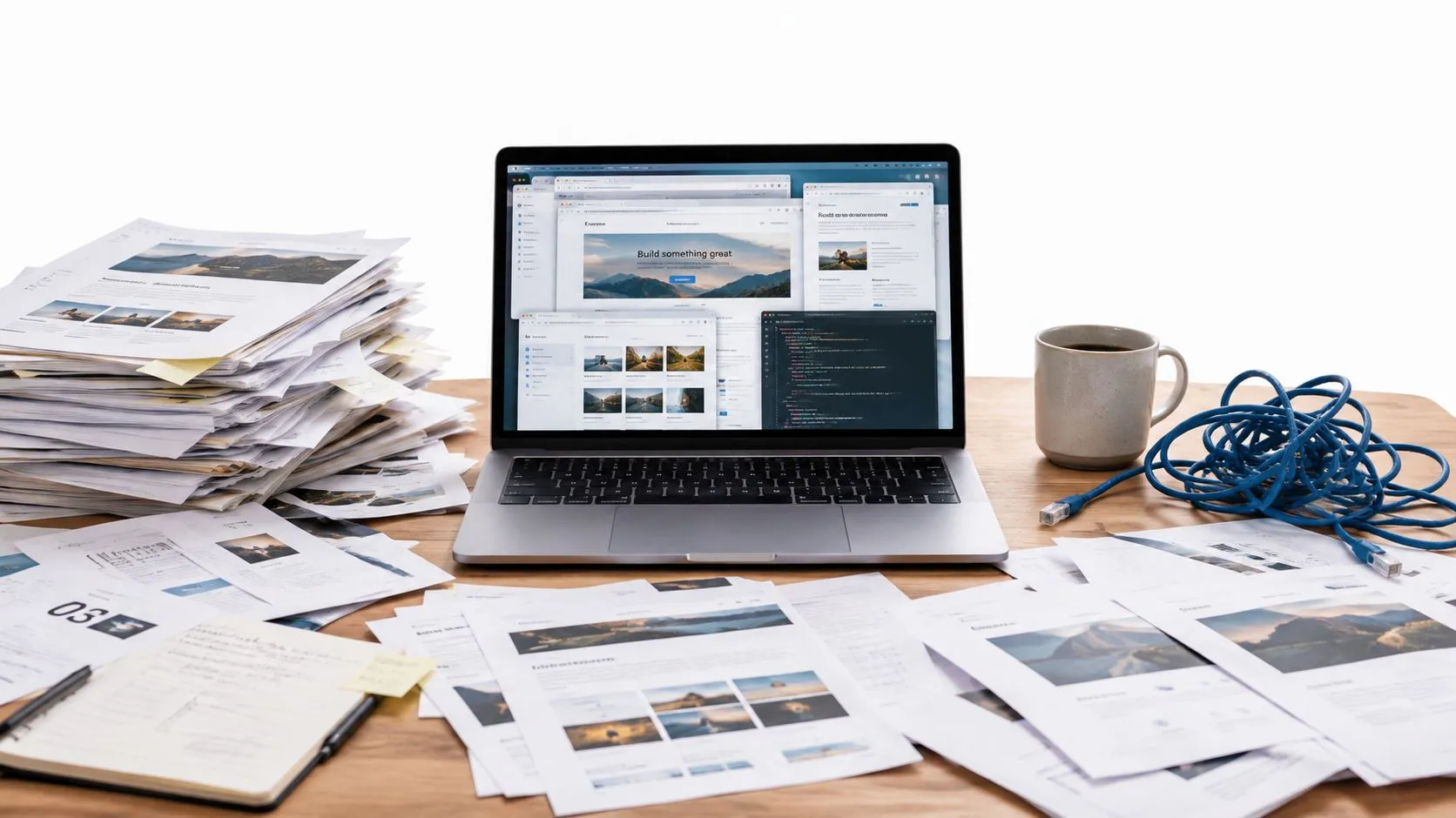 A cluttered office desk featuring a laptop displaying web development code, surrounded by stacks of paper documents.