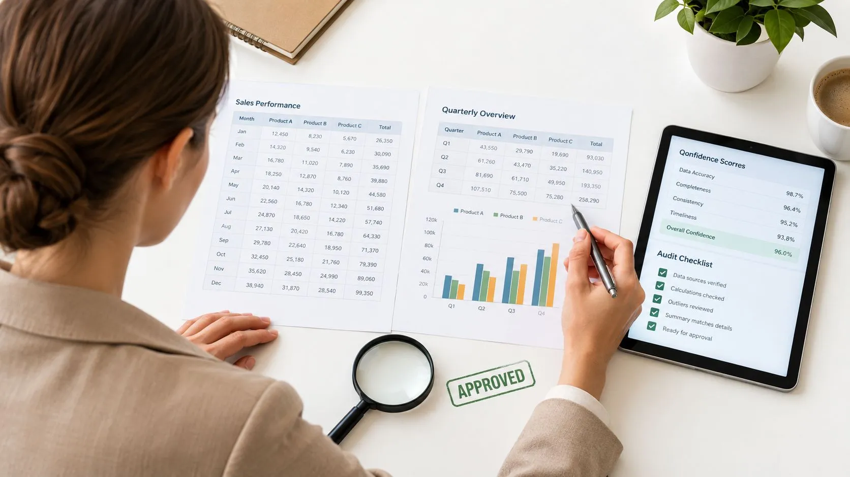 A professional reviewing financial sales performance and quarterly reports at a desk with a magnifying glass.