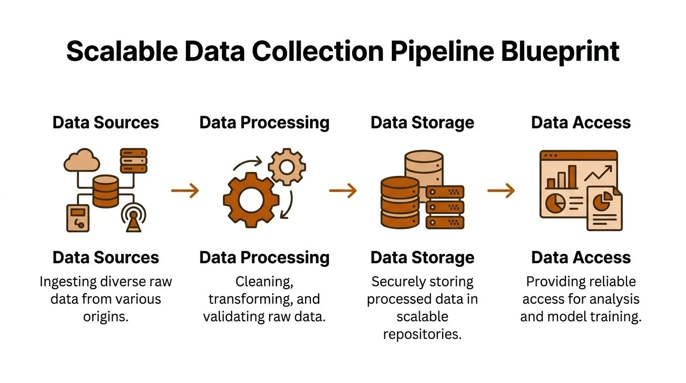 A diagram illustrating the four main stages of a scalable data collection pipeline for machine learning systems.