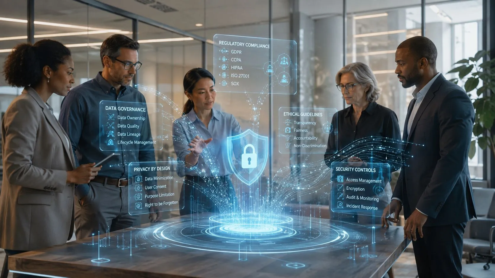 A professional team collaborating around a digital holographic table displaying data security, governance, and compliance protocols.