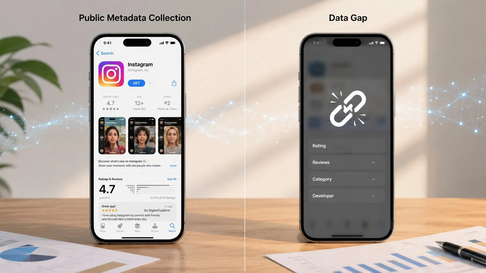 A comparison graphic showing public app store metadata on the left versus missing data on the right.