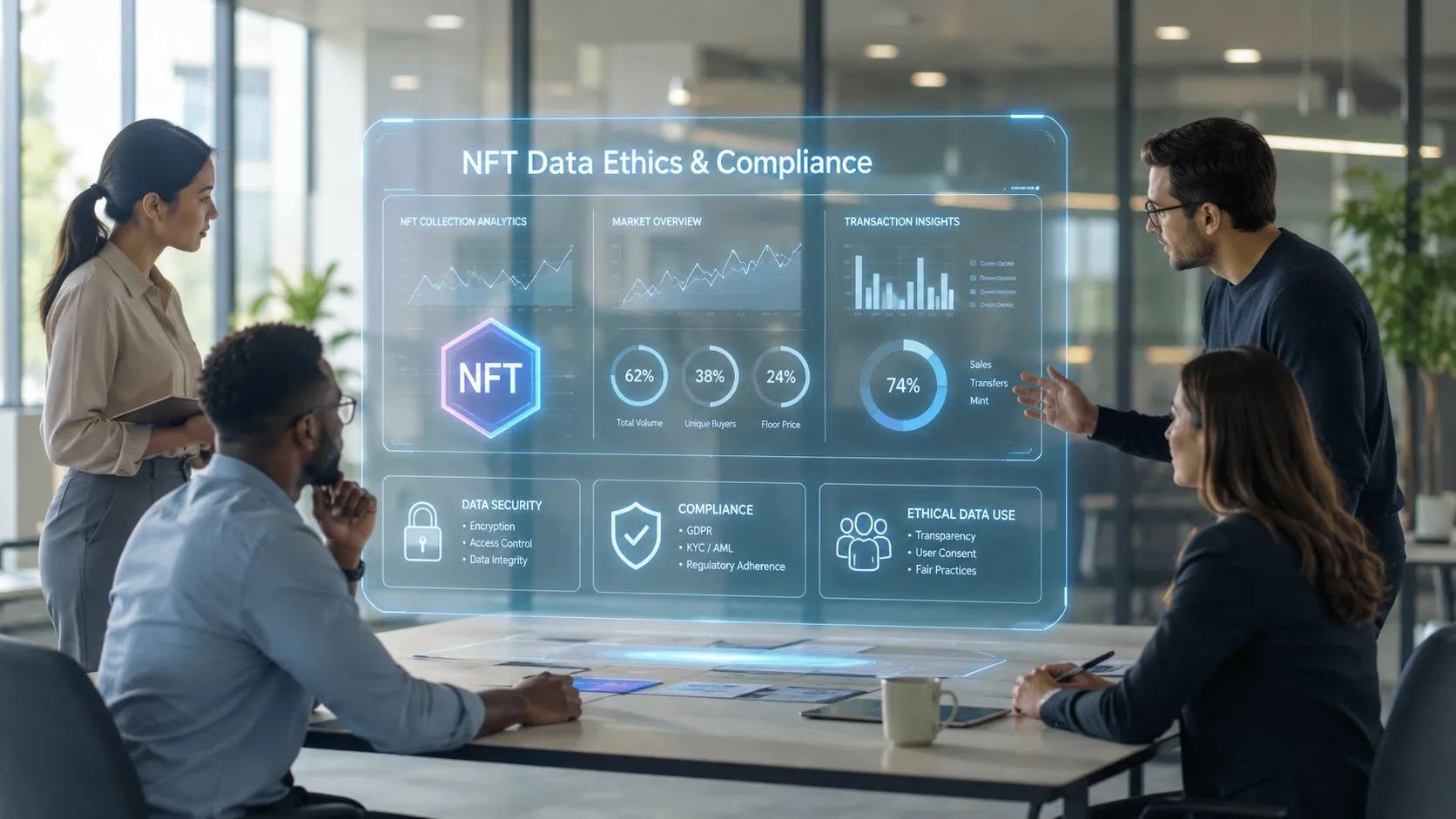 A professional team in a modern office analyzing NFT data and compliance metrics on a digital display.