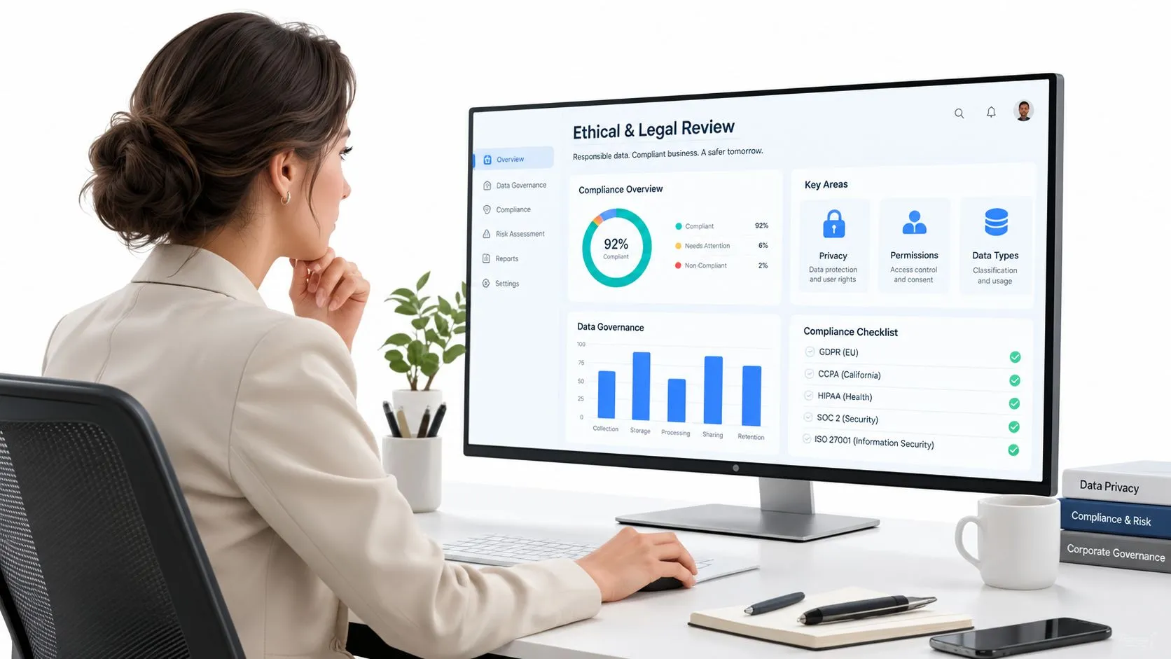 A professional woman reviews ethical and legal compliance data on a large computer monitor in an office.
