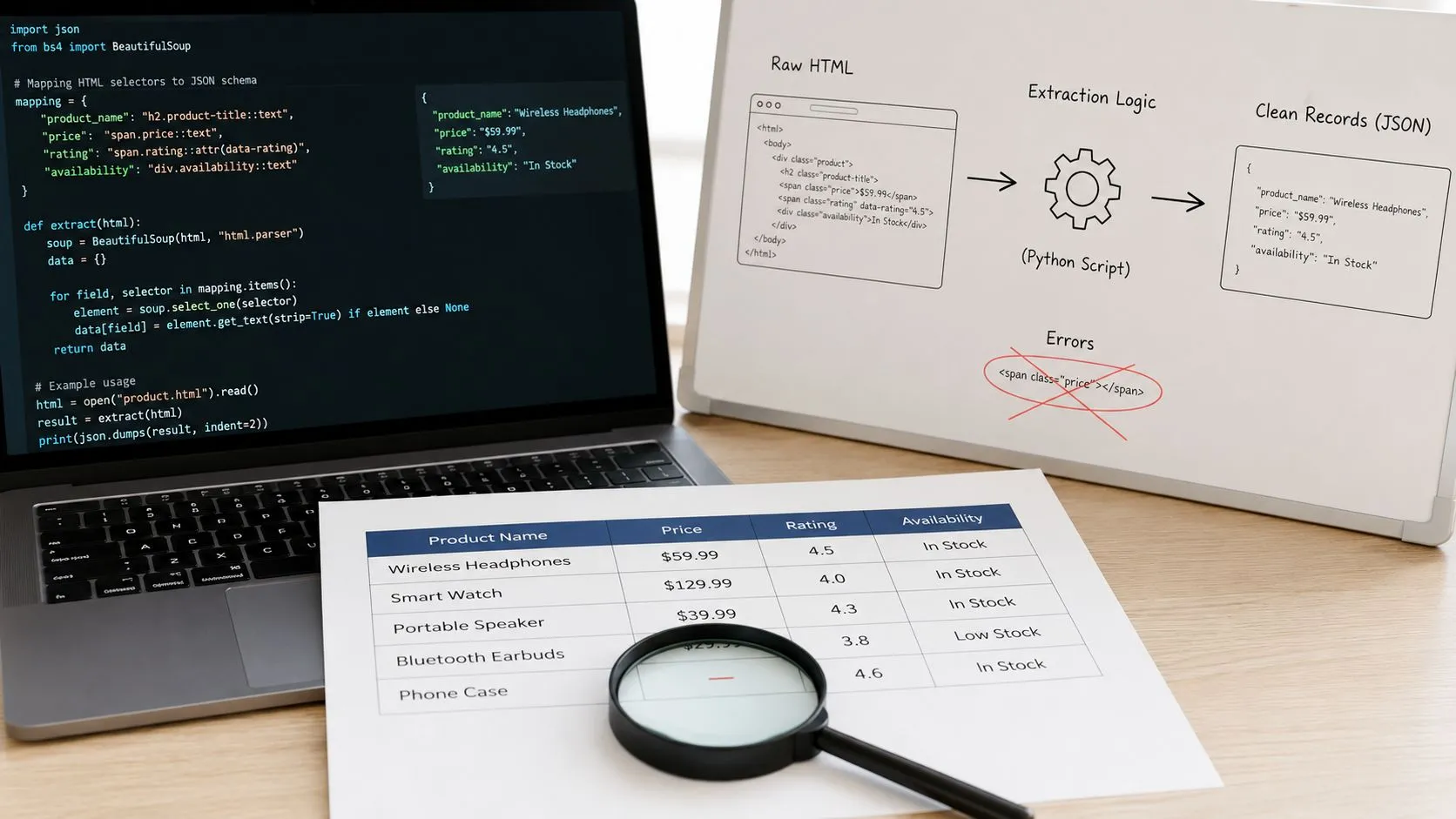 A laptop showing Python code for web scraping alongside a diagram and a product data table.