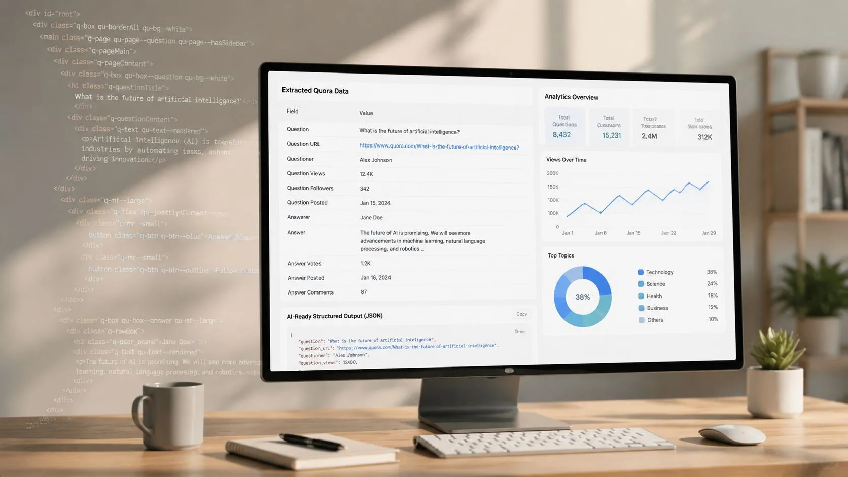 Computer screen displaying a Quora web scraper dashboard with data analytics and structured JSON output.