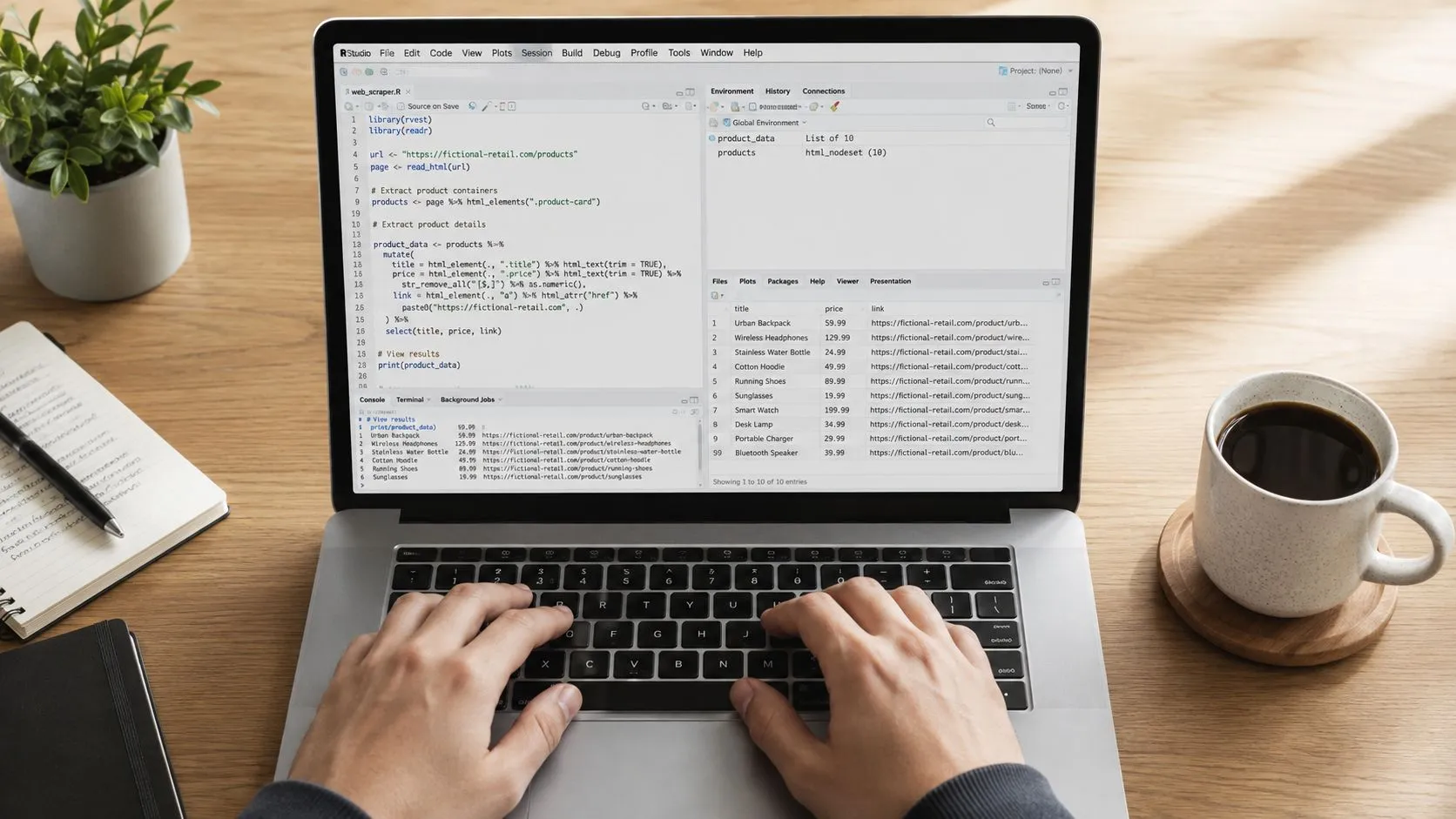 A person using an RStudio code editor on a laptop to perform web scraping tasks.