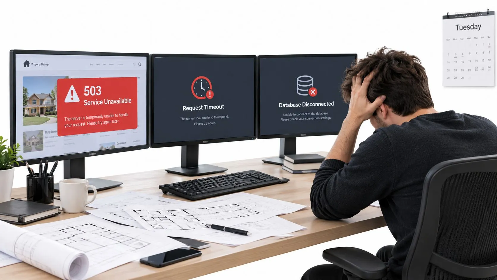 A frustrated professional sitting at a desk with computer screens displaying website error messages and site outages.