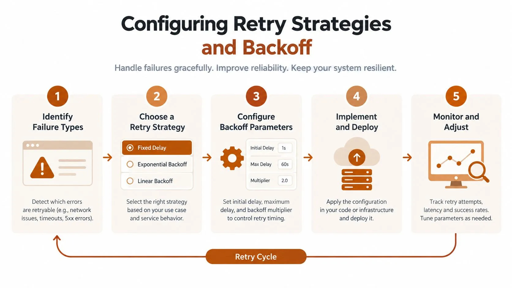 A five-step infographic showing the process for configuring retry strategies and backoff to improve system resilience.