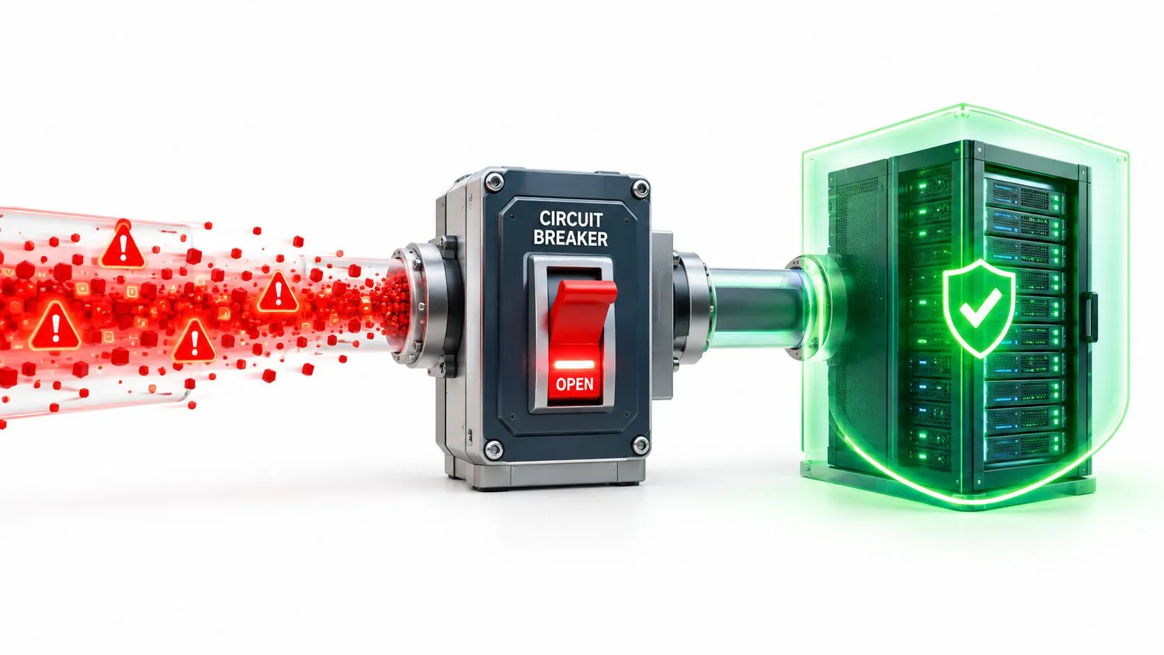 A digital circuit breaker protecting a server rack from a flow of malicious red data blocks.