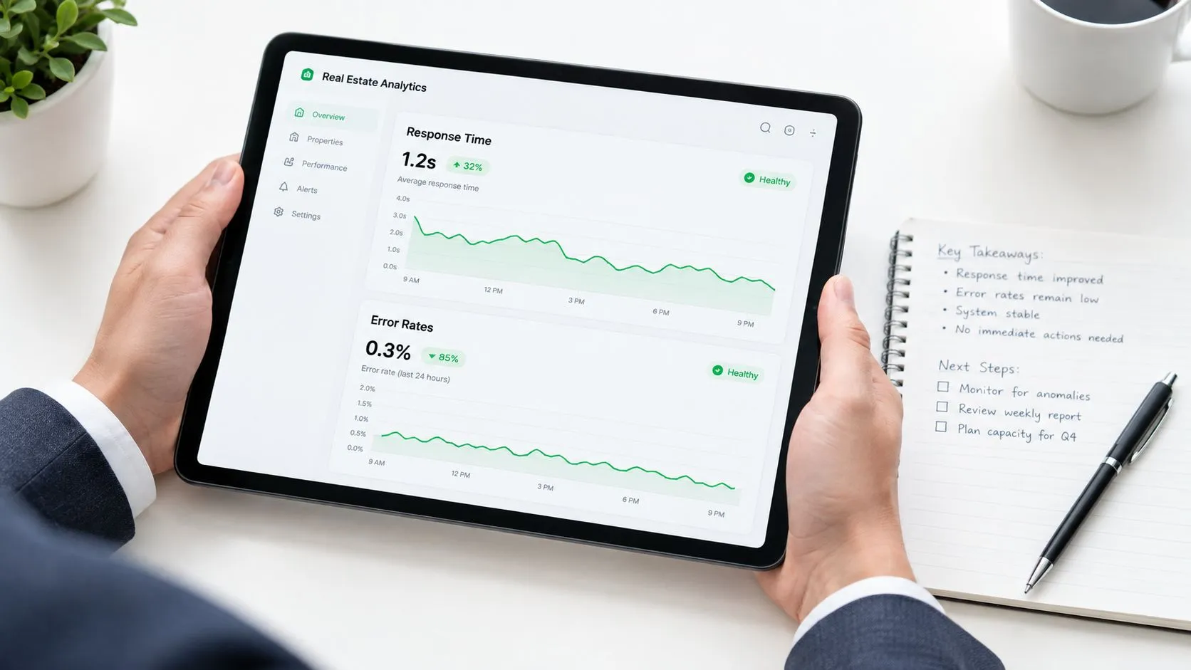 A professional analyzing real estate analytics metrics on a digital tablet screen at a desk.