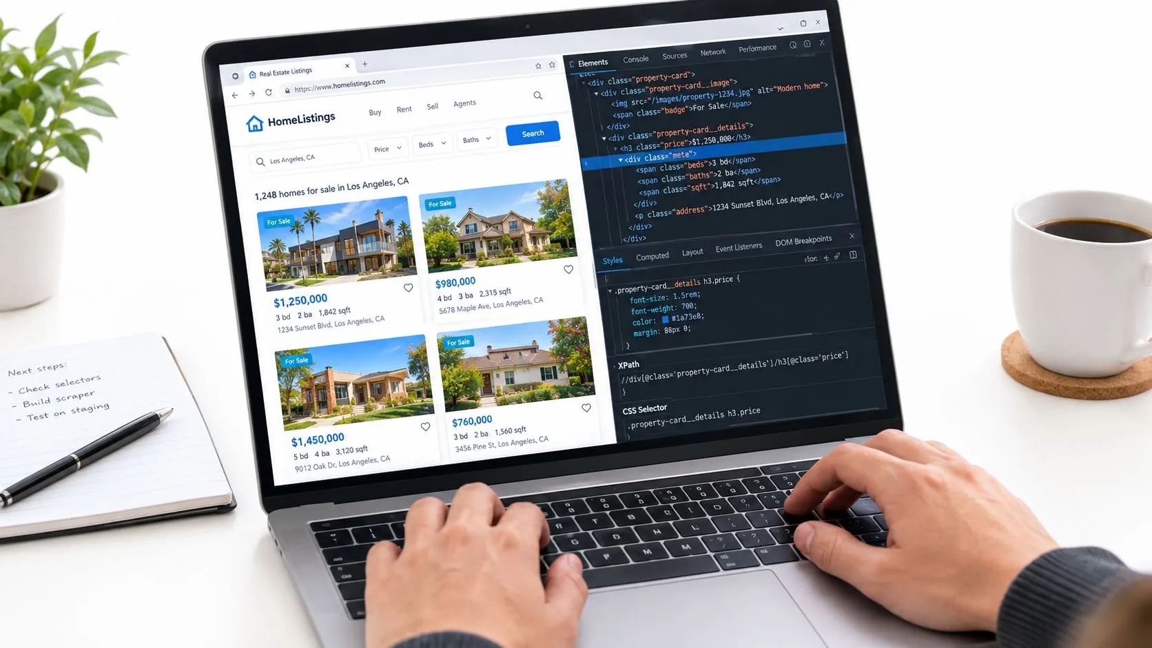 A person using a laptop to view real estate listings and inspect code for data extraction.