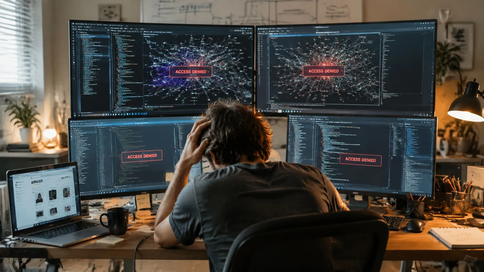 A frustrated developer sitting in front of four computer screens displaying code and access denied errors.