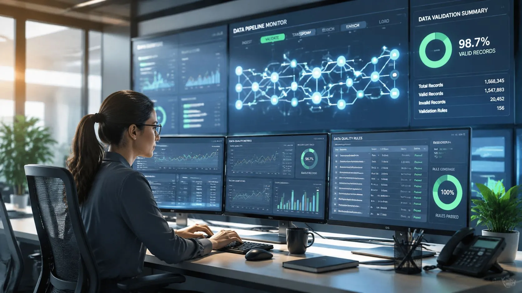 A professional data analyst working at a desk with multiple monitors displaying complex data pipeline and quality metrics.