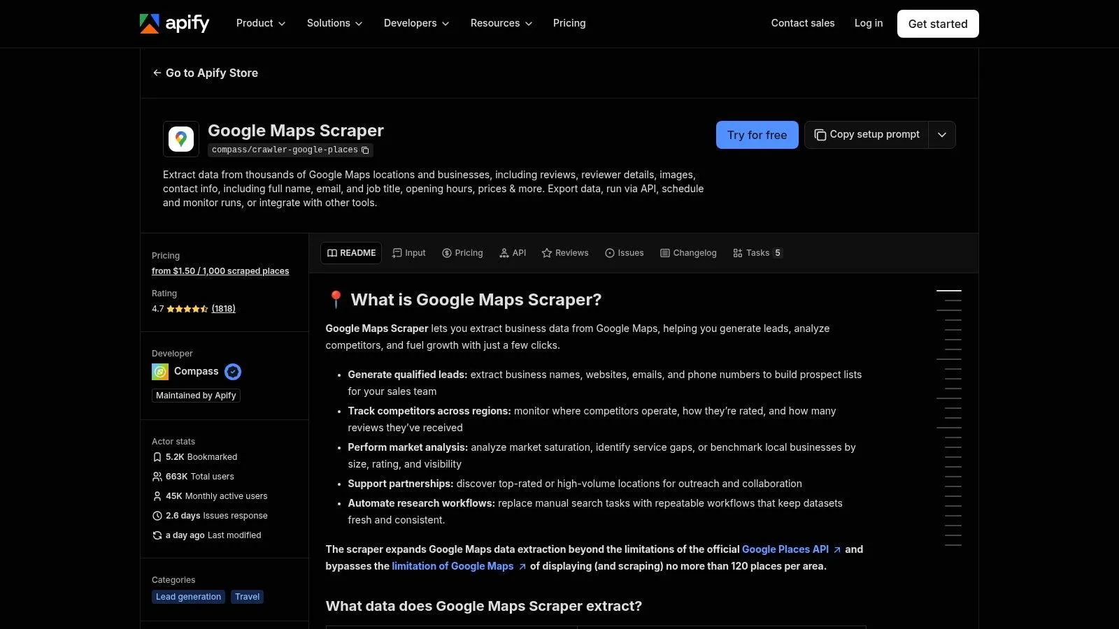 Apify, Google Maps Scraper (Compass)