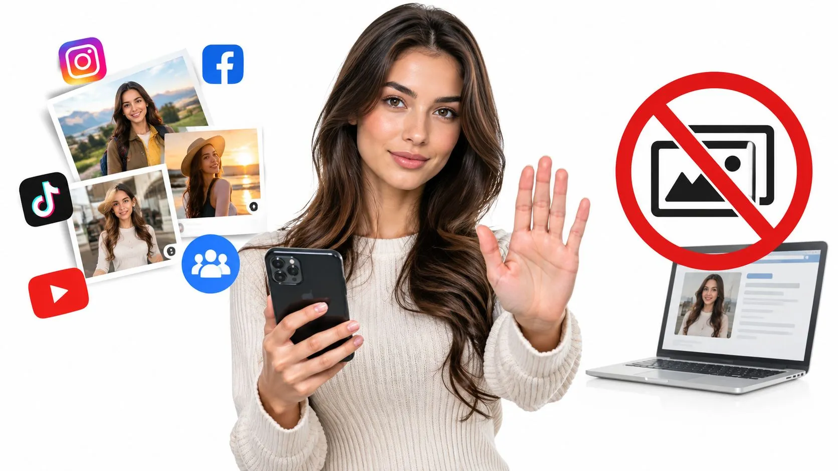 A woman holding a smartphone with a hand gesture indicating no to social media data scraping.