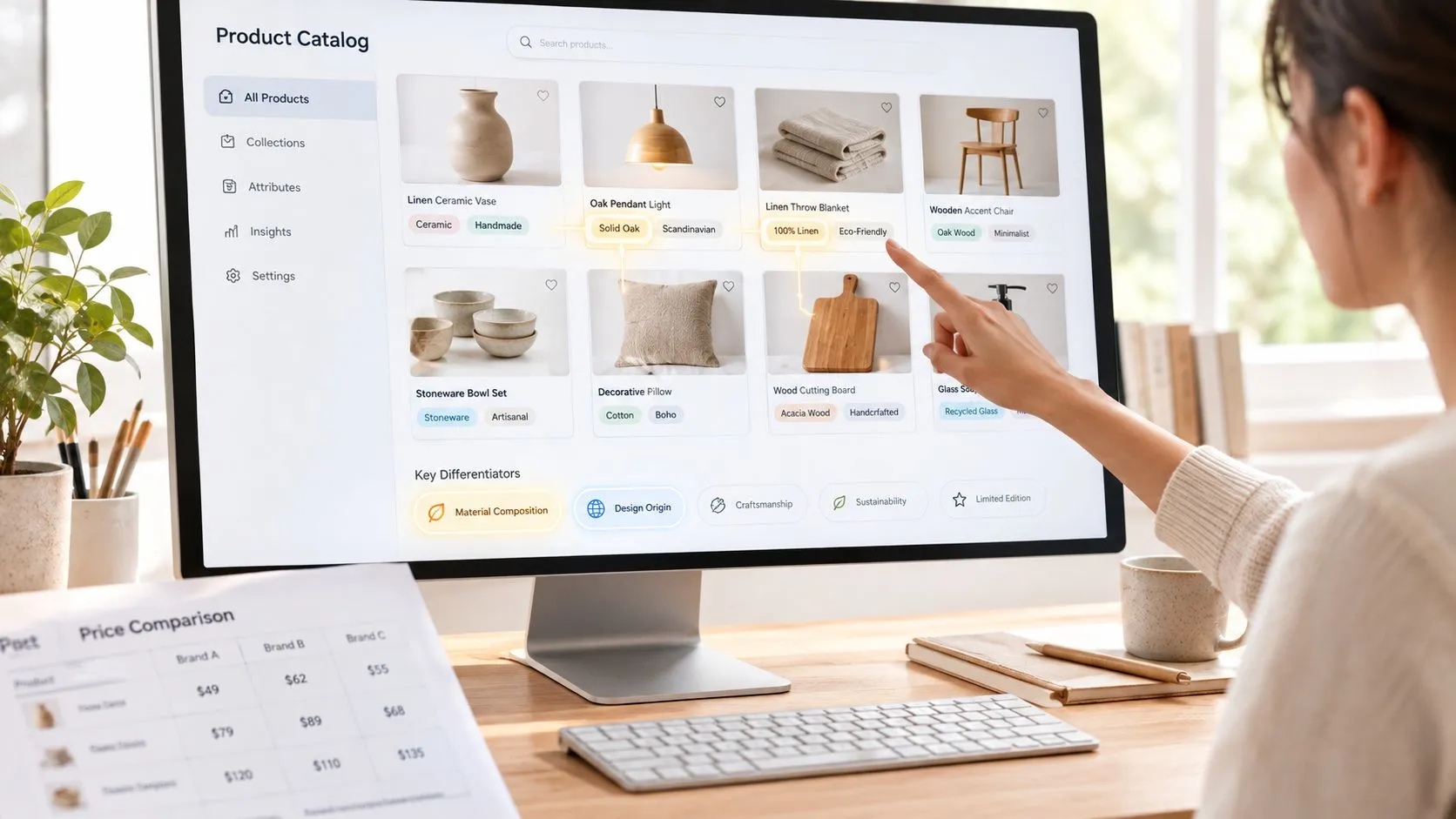 A professional analyzing a digital product catalog on a computer screen for e-commerce inventory management.