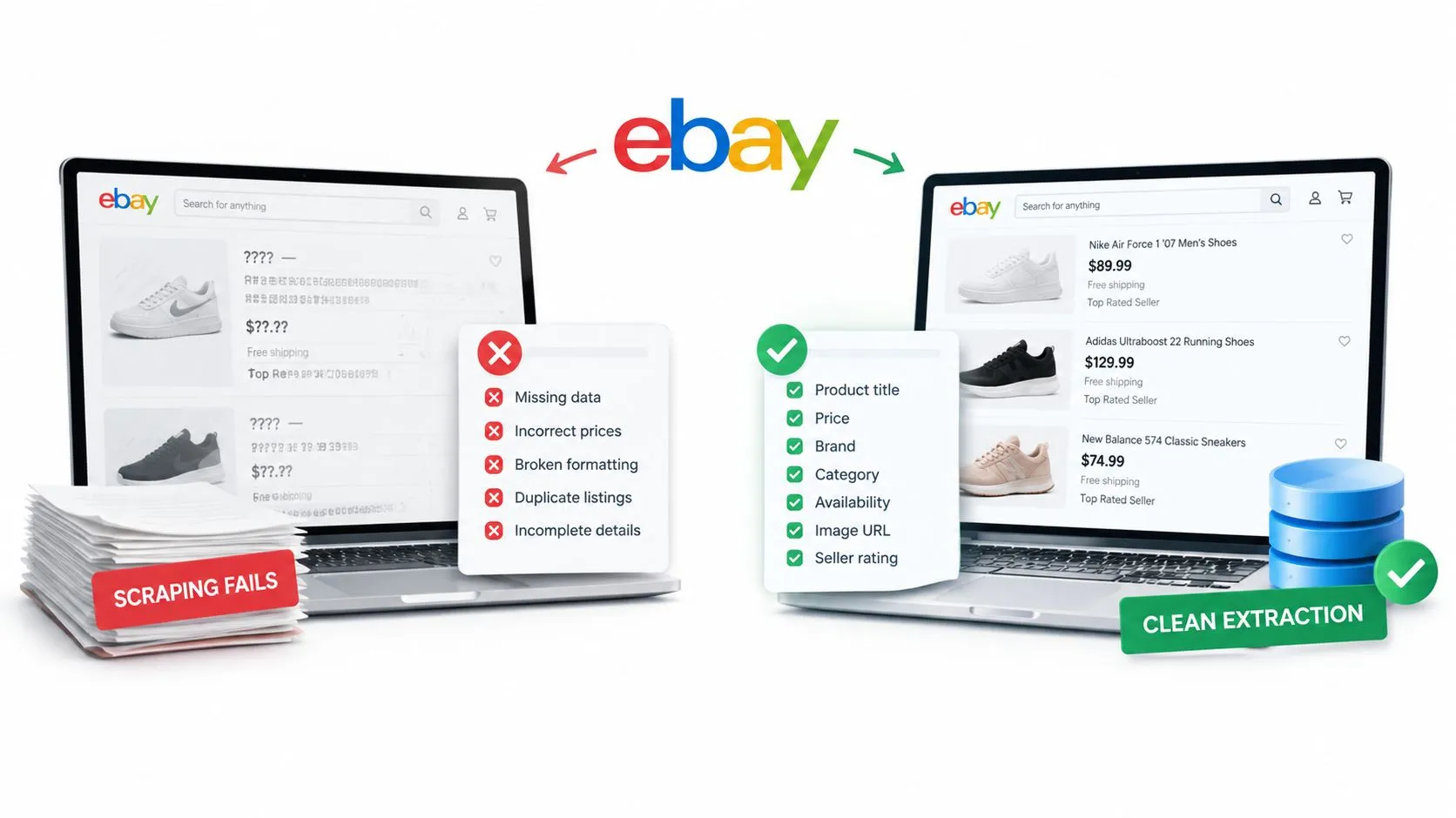 A conceptual comparison showing messy data scraping failures versus clean, structured eBay product data extraction on laptops.