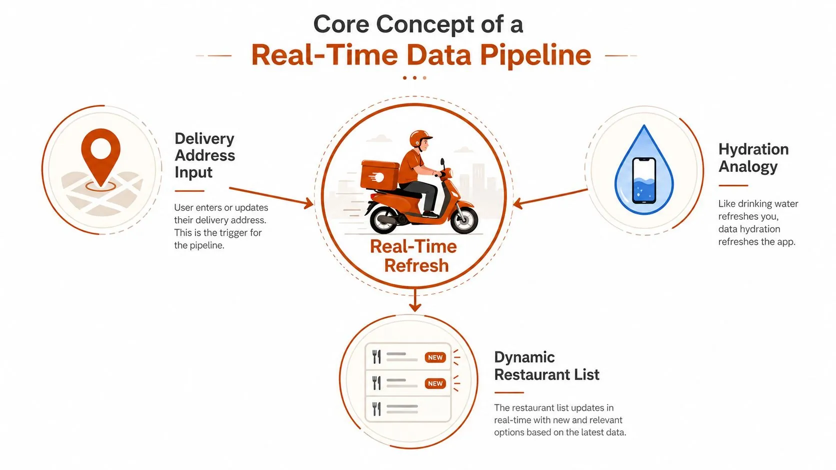 A diagram illustrating a real-time data pipeline process for a food delivery application using a hydration analogy.