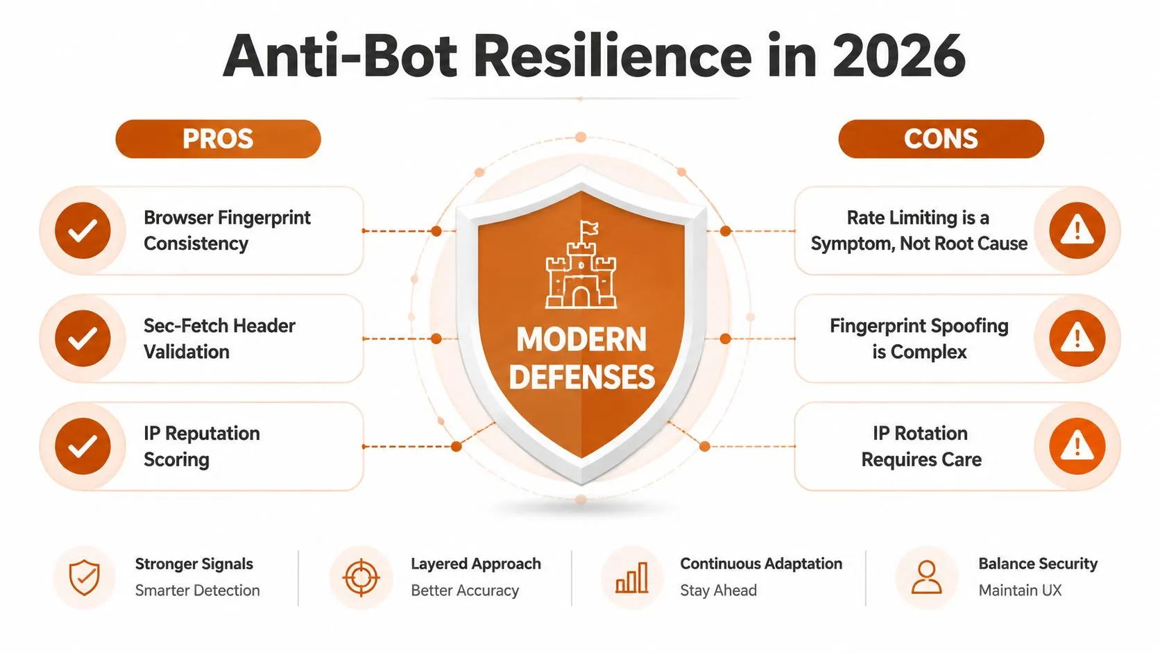 A diagram illustrating the pros and cons of modern anti-bot resilience strategies for digital security in 2026.