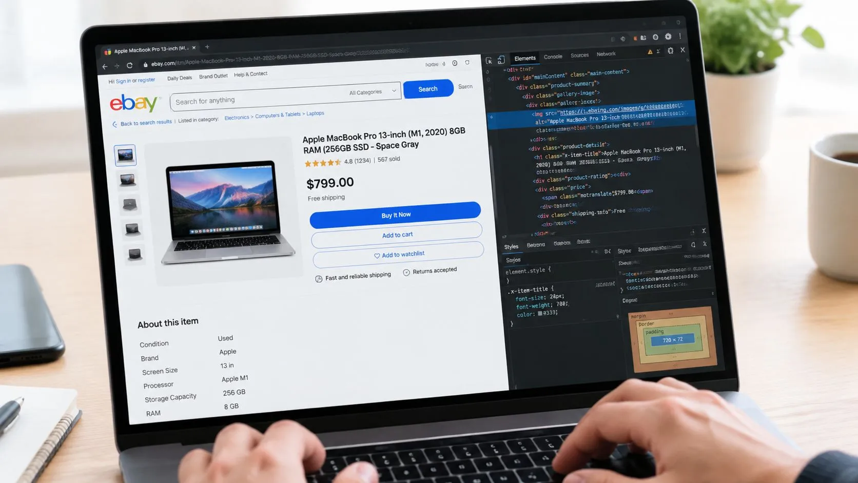 A person using a laptop to view a web development console while browsing an eBay product page.