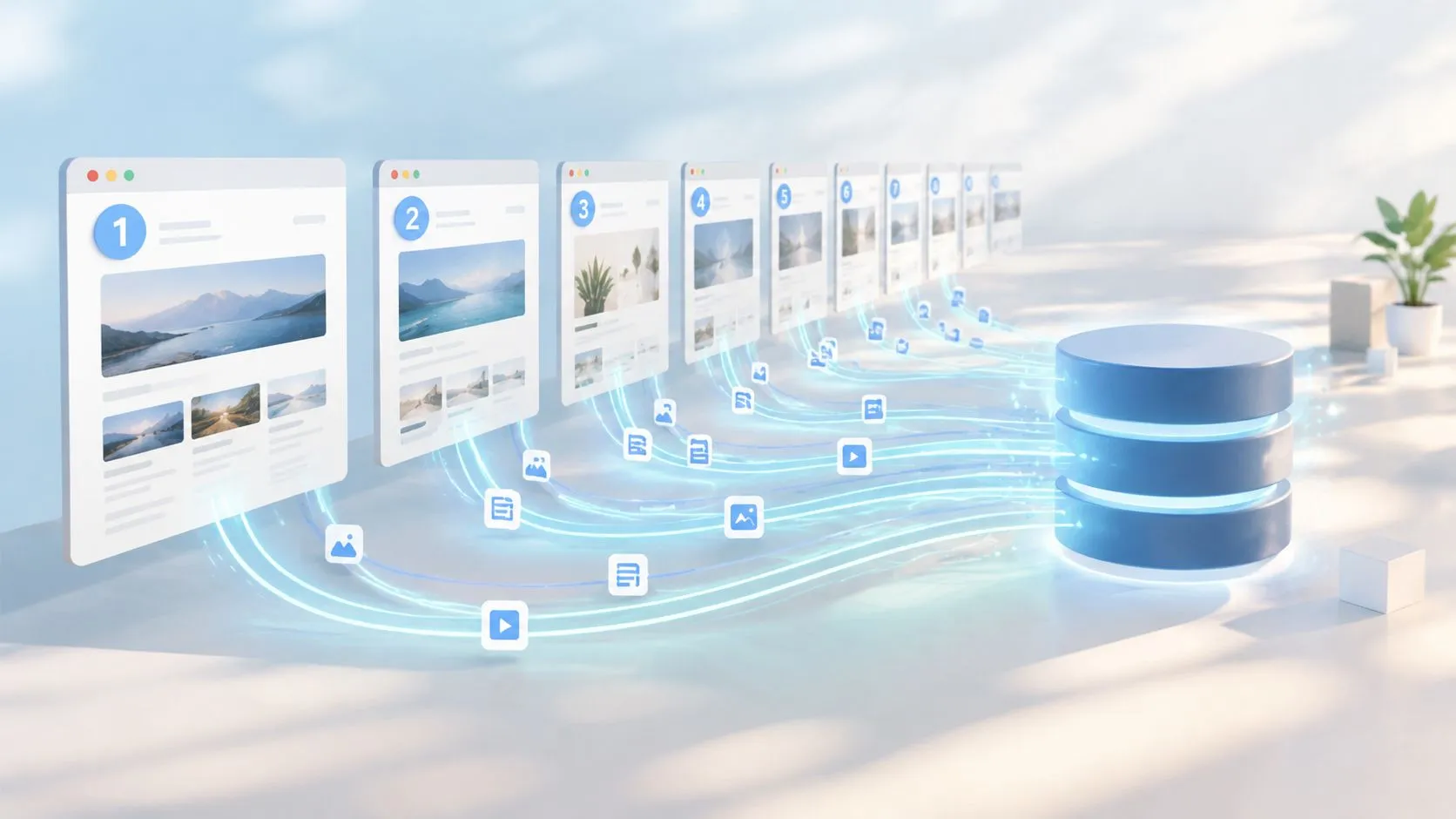 Multiple web page windows streaming data icons into a centralized blue storage database cylinder illustration.