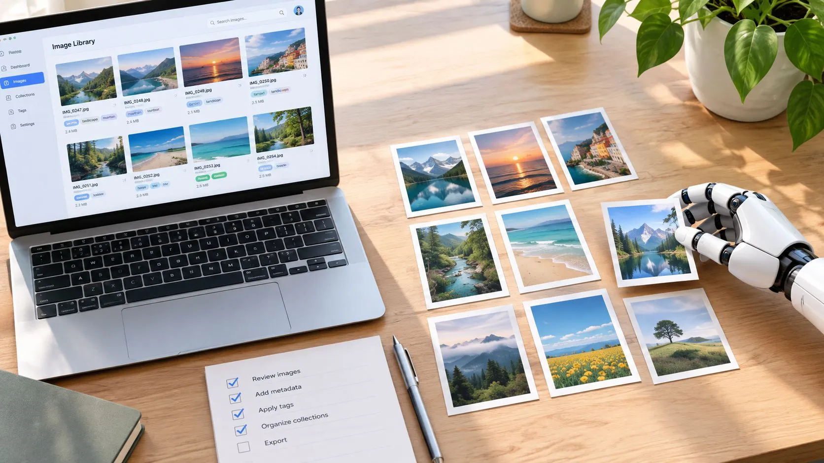 A robotic arm sorts printed photographs on a wooden desk next to a laptop displaying image gallery software.