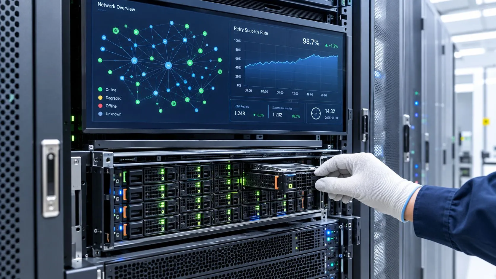 A technician wearing white gloves installs a server drive in a high-tech data center rack.