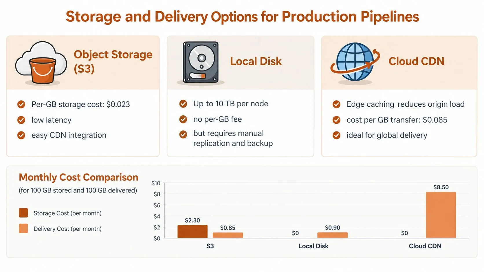 A comparison chart showing storage and delivery cost options for production pipelines including S3, local disk, and CDN.